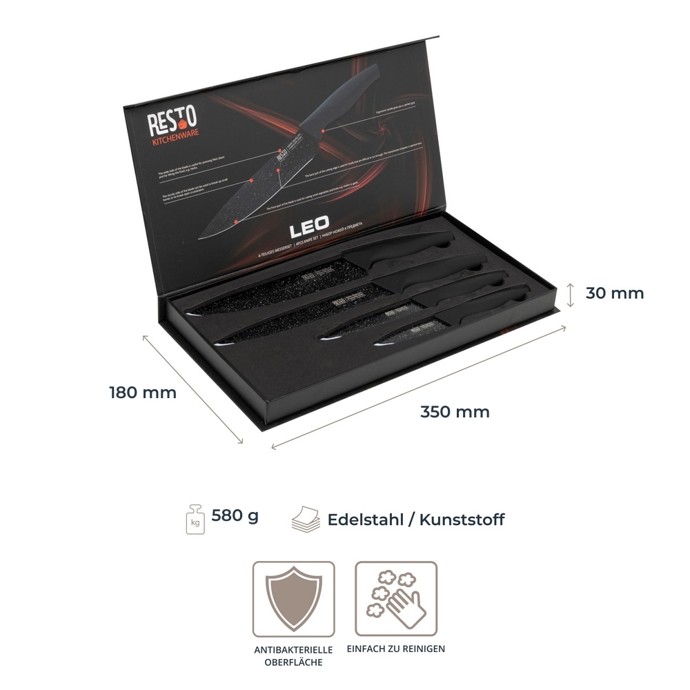 RESTO Kitchenware Messer-Set »Leo, Edelstahlmesser 4-teilig in Magnet-Geschenkbox« Kochmesser, Tranchiermesser, Universalmesser, Gemüsemesser