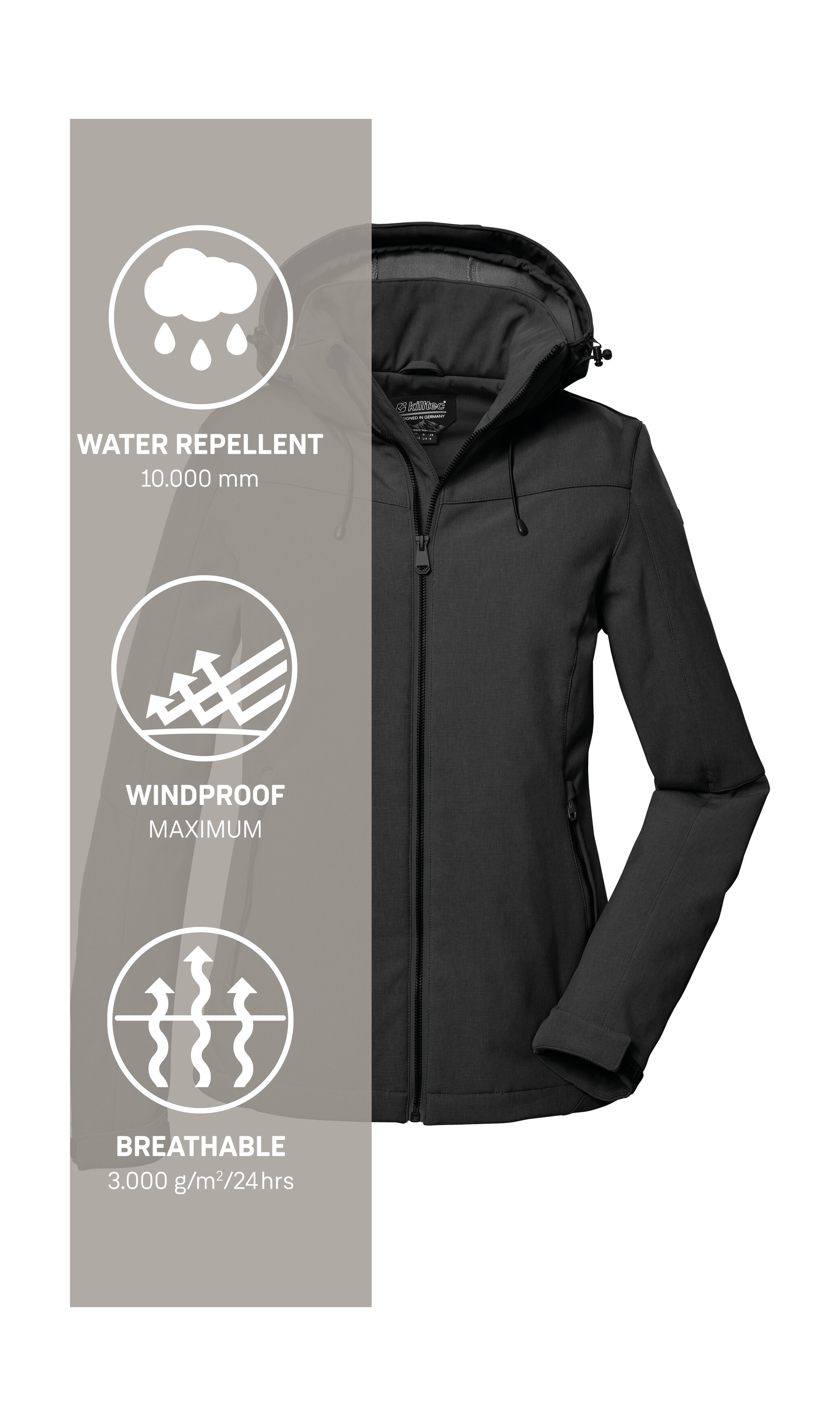 Killtec Softshelljacke »Damen Softshelljacke«, Wasserabweisende, winddichte Softshelljacke mit abnehmbarer Kapuze