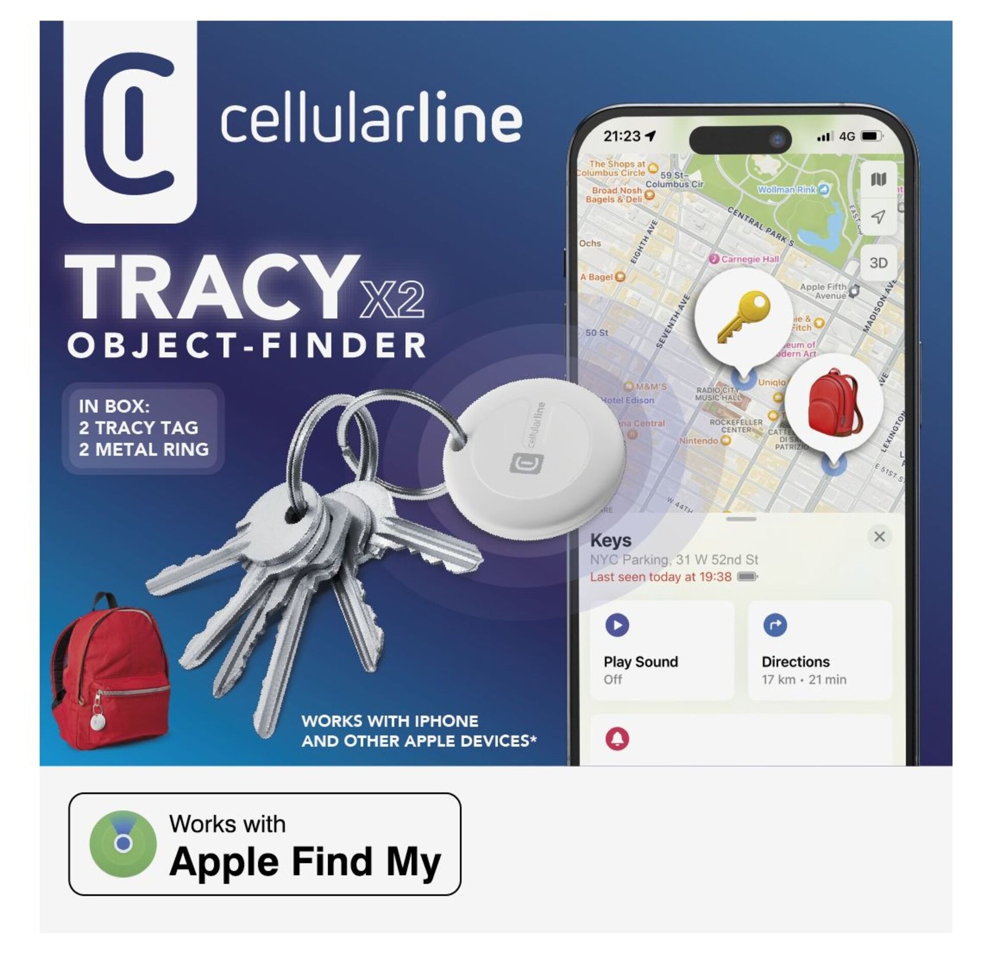 Cellularline GPS-Tracker »Bluetooth Item Finder Tracy«, (1 St.), IP67, unterstützt Apple Find My