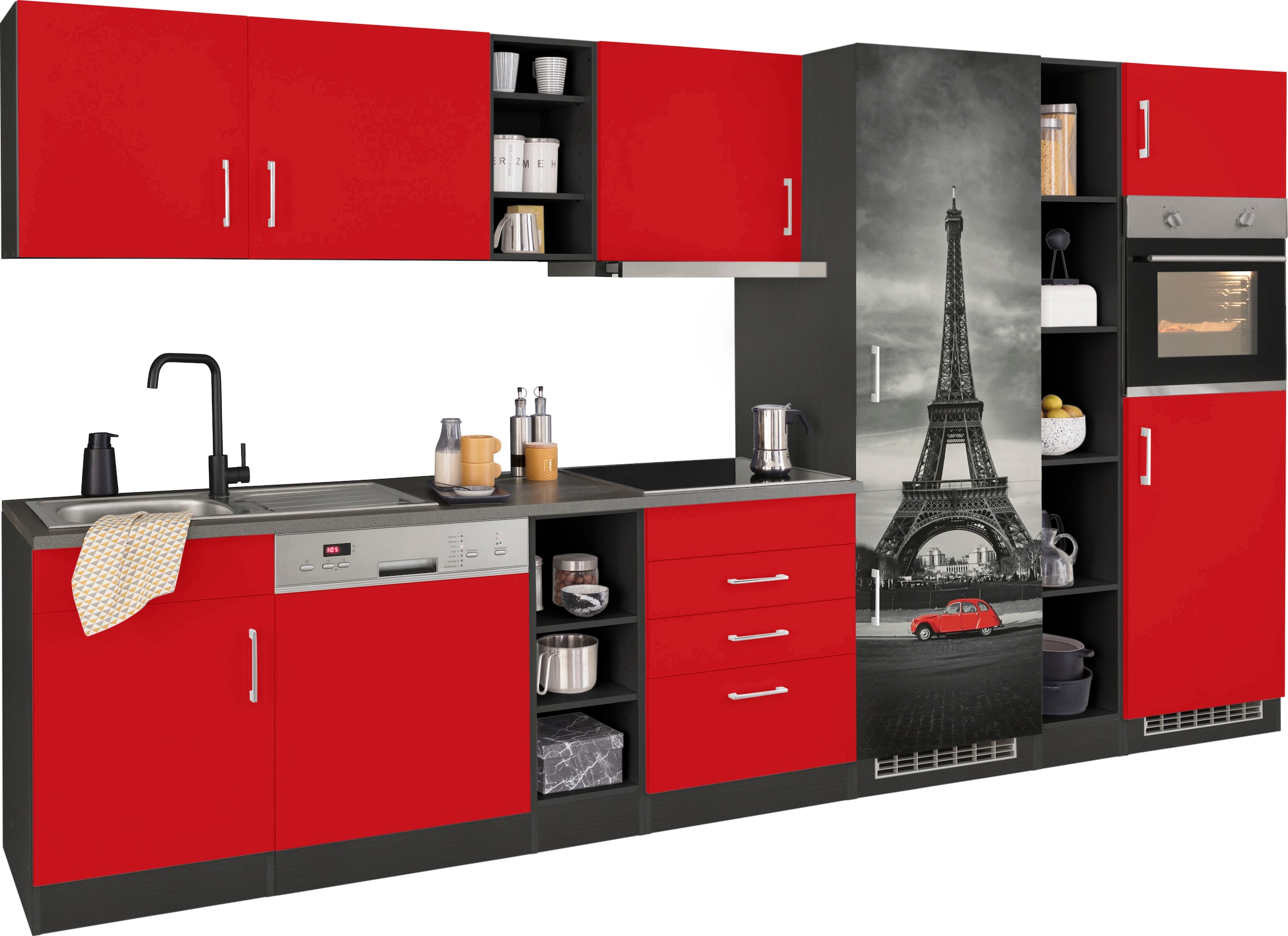 Küchenzeile »Paris«, mit E-Geräten, Breite 350 cm, mit großer Kühl-Gefrierkombination