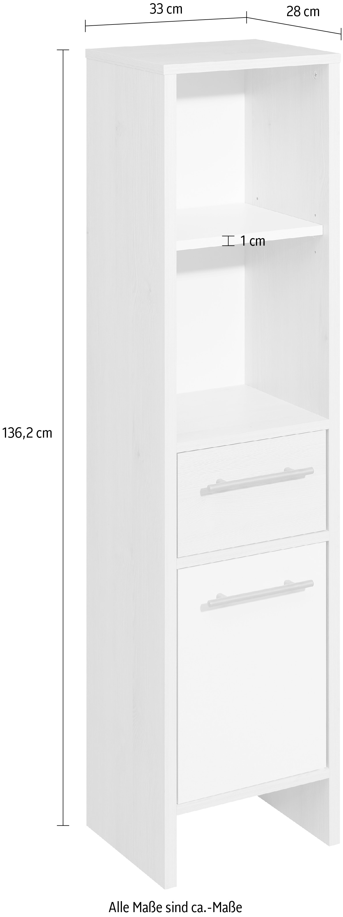 Saphir Midischrank »Quickset 350 Badschrank 33 cm breit, 1 Tür, 1 Schublade, 2 Regalfächer« 1 Stk. tlg. Badezimmer-Midischrank Pinie Ida hell, Griffe alufarbig