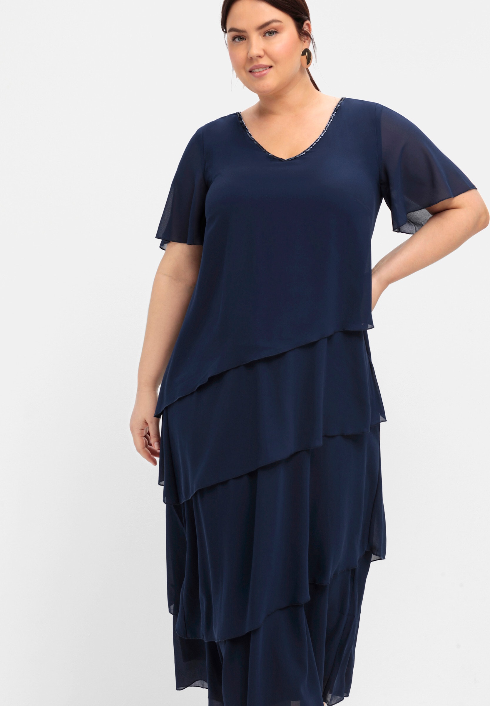 Sheego Jerseykleid »Abendkleid Cocktailkleid im Lagenlook, mit Volants« Ohne Tasche in Maxi-Länge