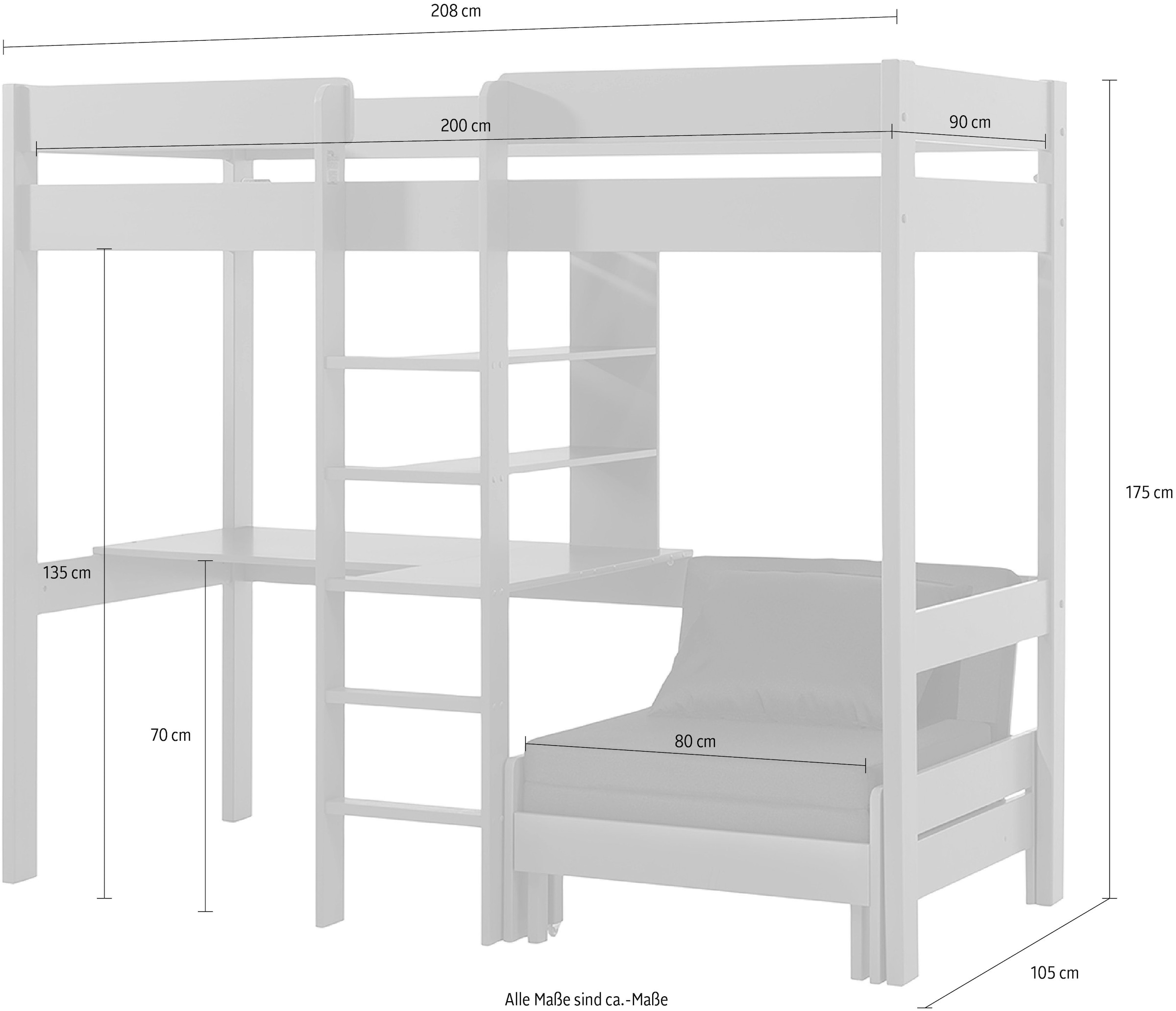 Vipack Hochbett »Pino«, (Made in Europe), mit Sessel, Schreibplatte und Regal