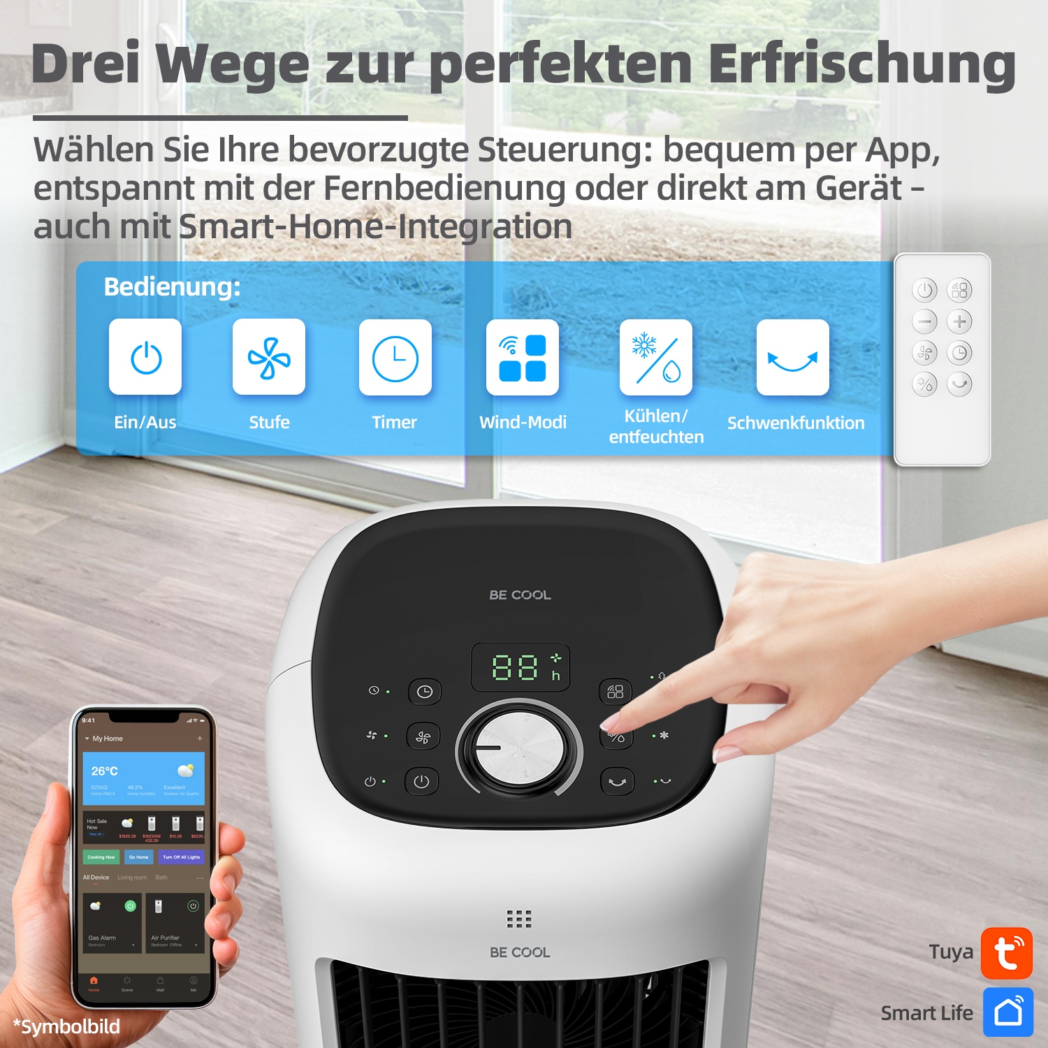 be cool Ventilatorkombigerät »Premium Turmluftkühler mit Wifi und abnehmb. 10l Tank«, 24 Geschwindigkeitsstufen, abnehmbarer Wassertank, WiFi