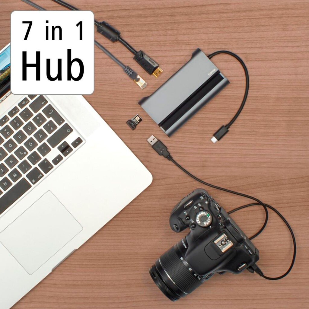 Hama USB-Adapter »USB-C Multiport Hub für Laptop mit 7 Ports, USB Adapter, Handy, Tablet«, USB-C zu USB Typ A-USB Typ C-VGA-HDMI-RJ-45 (Ethernet), 15 cm