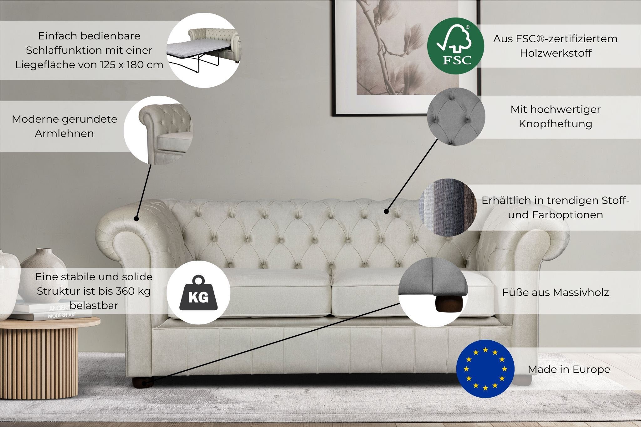 Home affaire 3-Sitzer »CHARENTE, optionale Schlafsofa, Chesterfield-Sofa, Bettfunktion«, mit edler Knopfheftung und typischen Armlehnen, B/T/H 198/89/74 cm