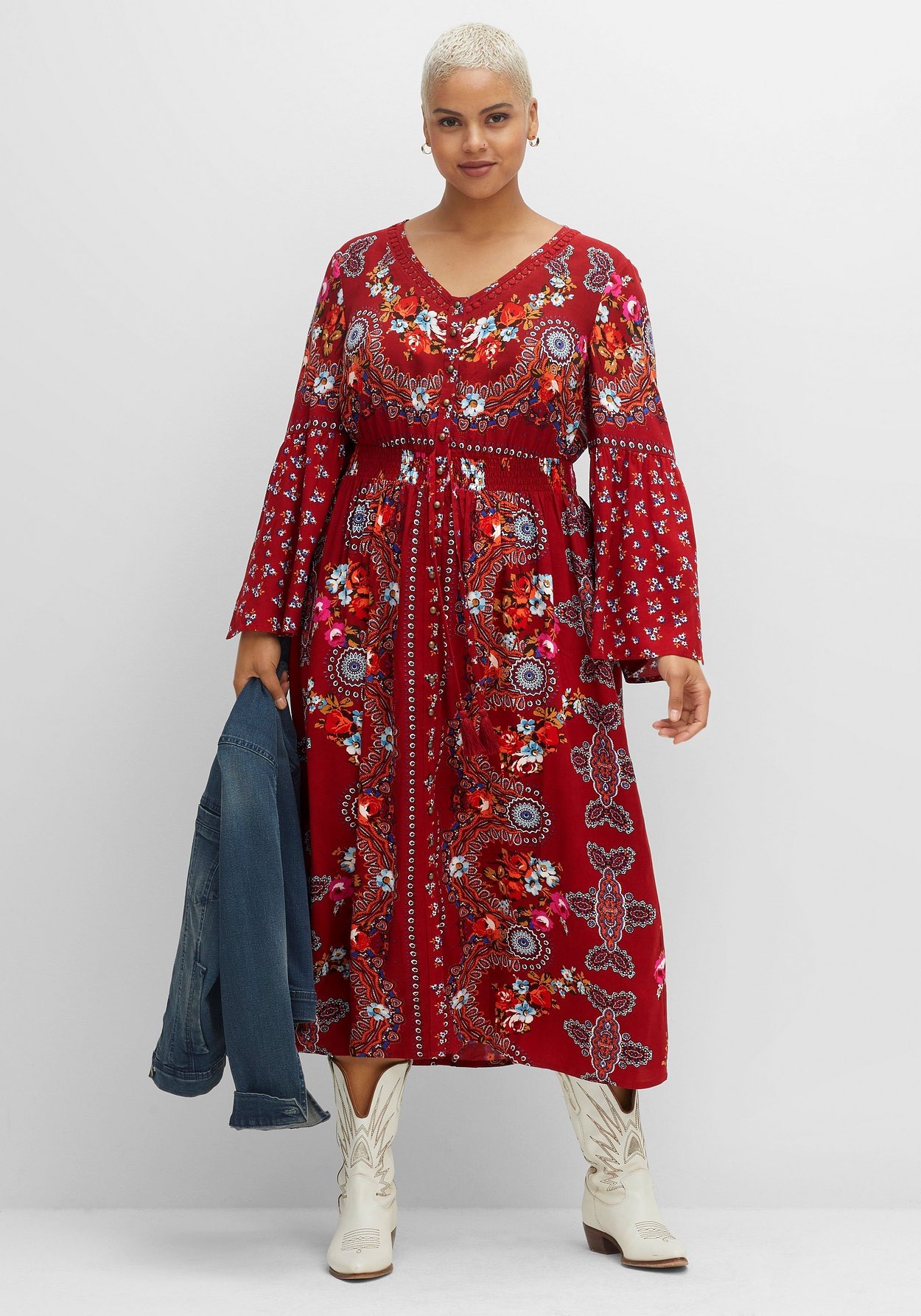 Sheego Maxikleid »Maxikleid im Boho-Stil, mit Trompetenärmeln«