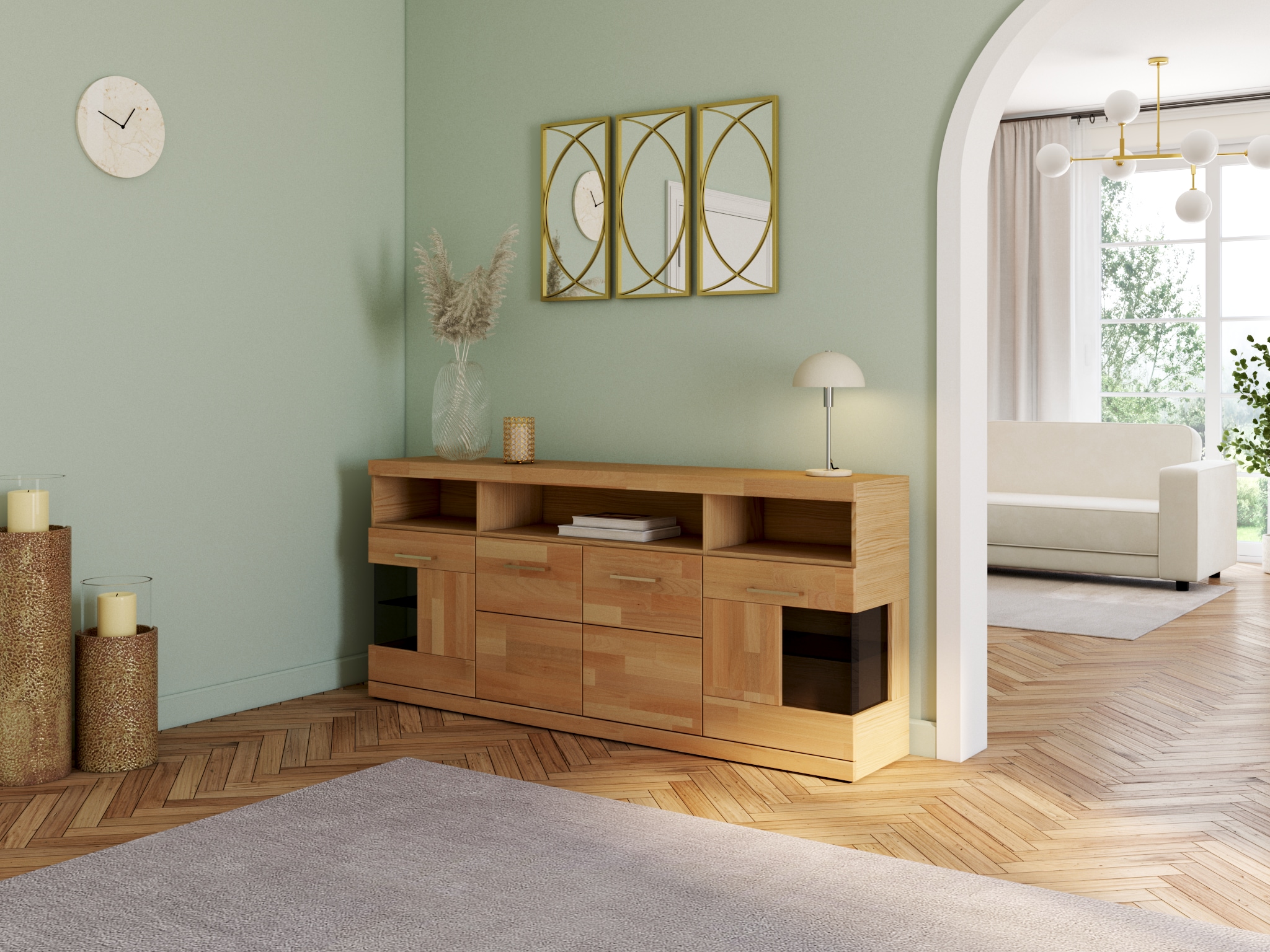 Home affaire Sideboard »RIBE20 Fronten massiv,Korpus Melamin, 2 Türen mit Glaseinsatz« B/T/H: 180/35/80cm,3offene Fächer u 6geschlossene,Teilmassiv Kernbuche