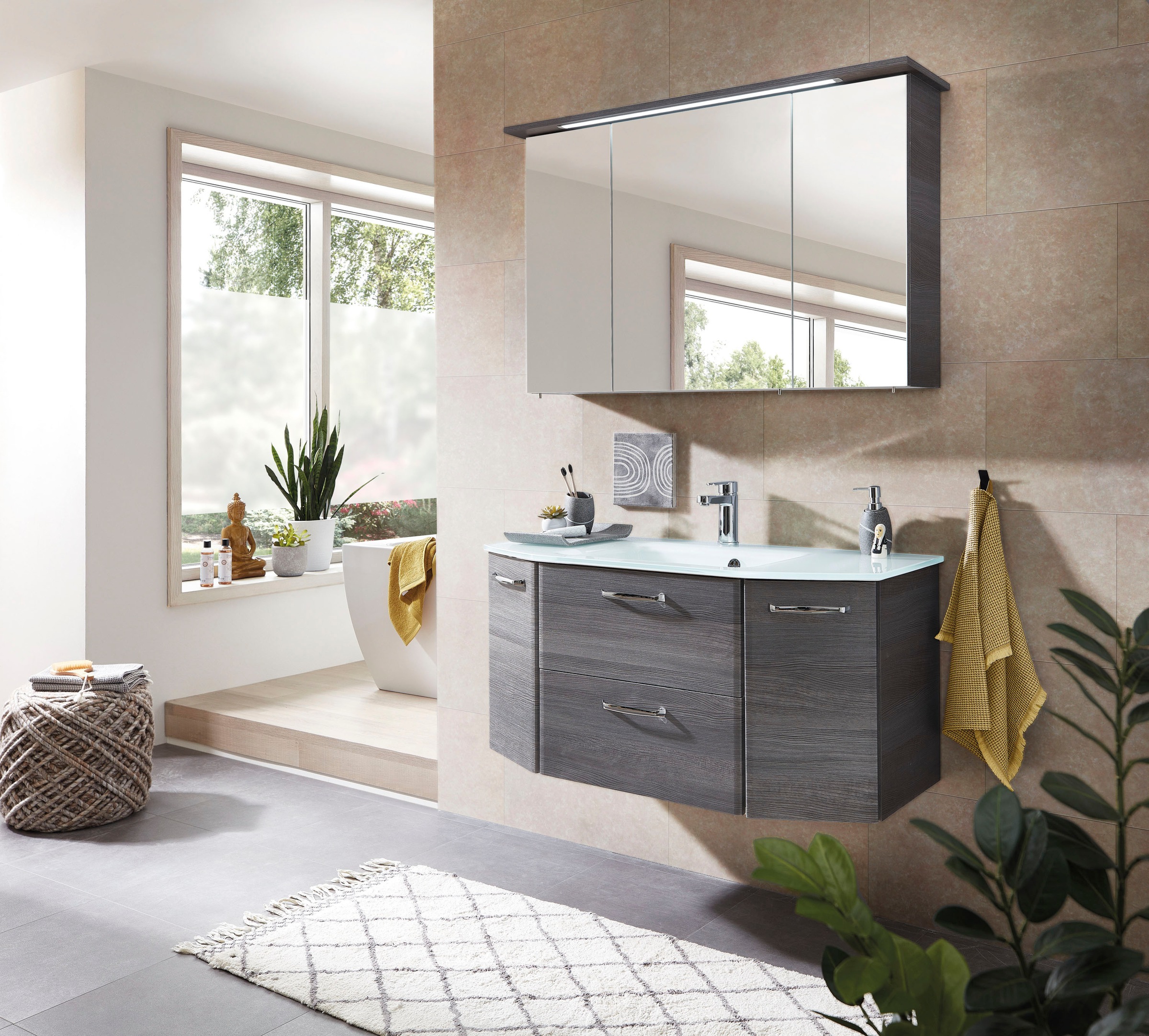 Saphir Spiegelschrank »Quickset 328 Badezimmer Spiegelschrank inkl. LED-Beleuchtung, 620LM«, 115 cm breit, Graphit Struktur quer Nachbildung, inkl. Türdämpfer