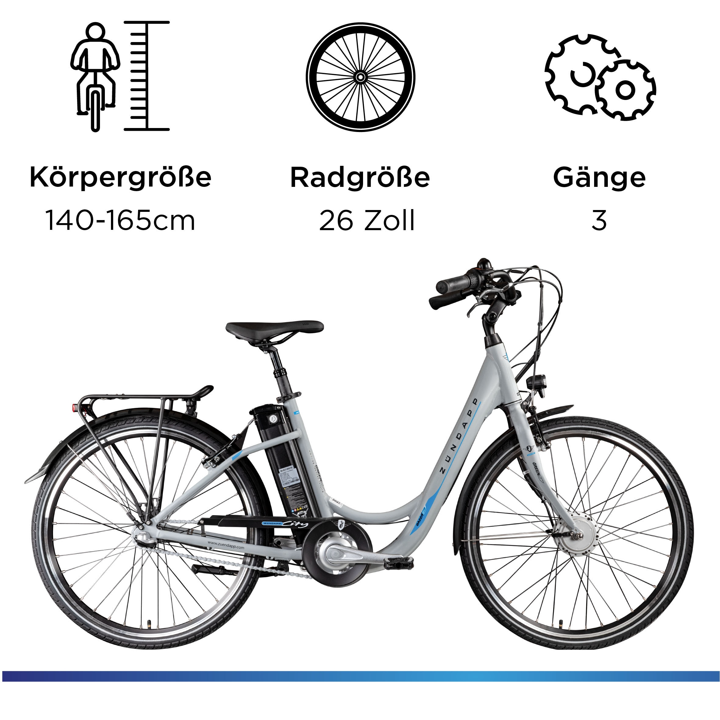 Zündapp »Green 2.7« 3 Gang Nabenschaltung Frontmotor 250 W Pedelec, Elektrofahrrad für Damen u. Herren