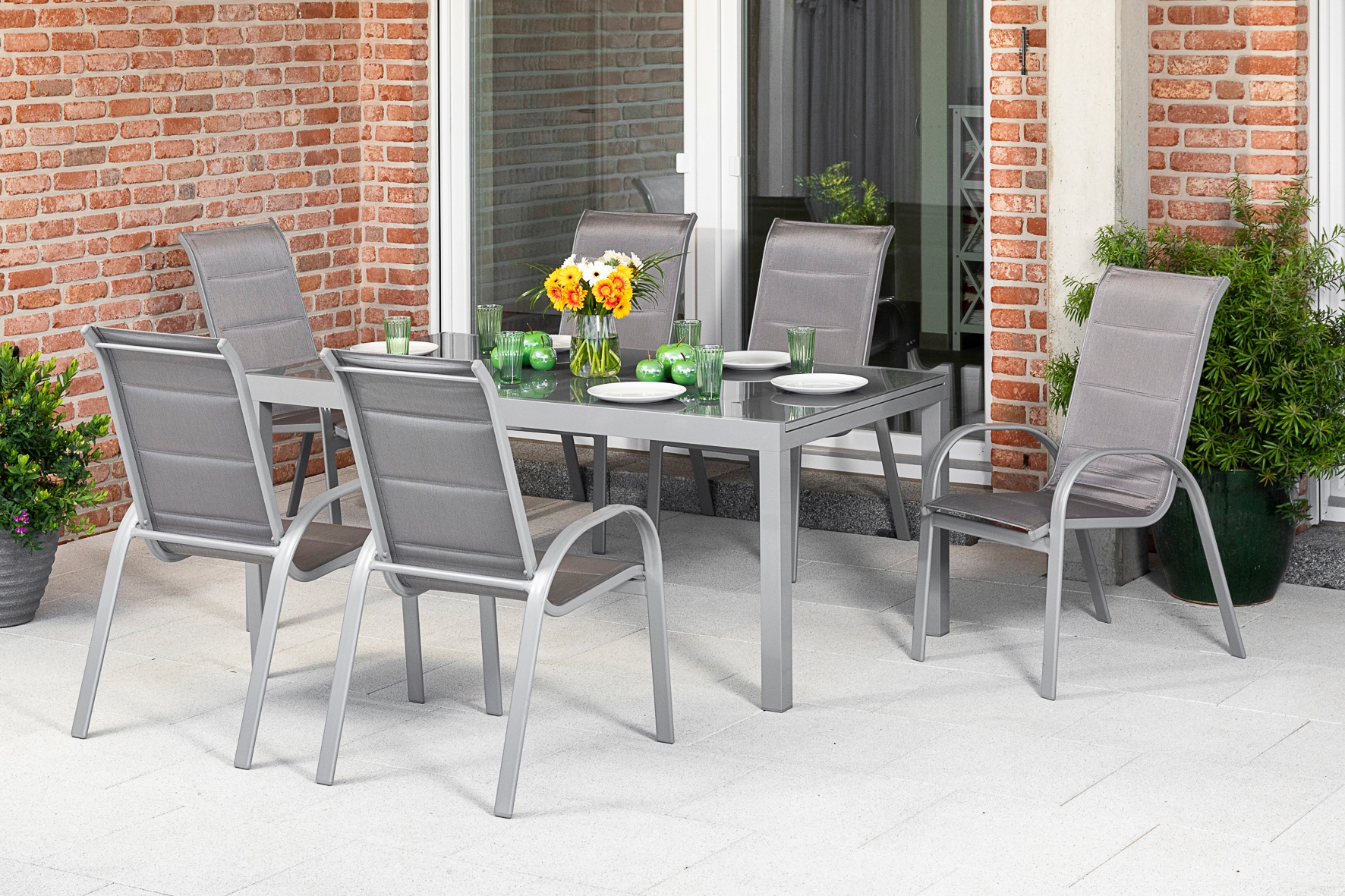 MERXX Garten-Essgruppe »Amalfi di lusso«, (7 tlg.), 6 Stapelsessel, Hochlehner mit ausziehbarem Tisch