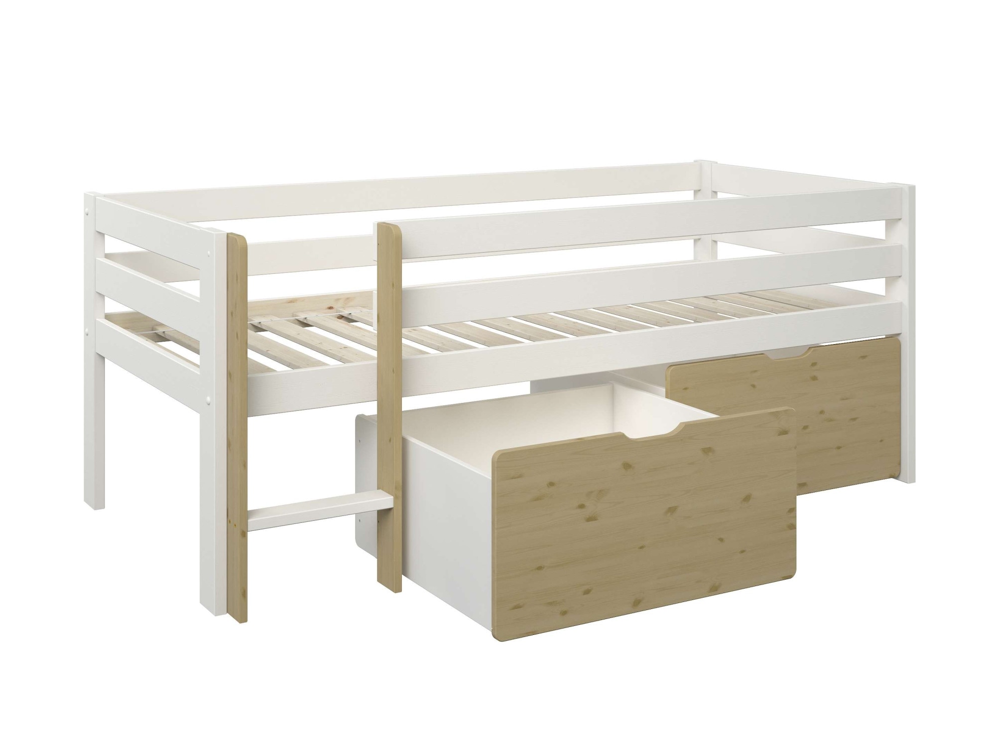 OTTO home Kinderbett »Tide, maximaler Stauraum durch Schubkästen, Massivholz« Kinderbett inklusive Lattenrost und 2 Bettkästen, 4 tlg. Hochbett mit Rausfallschutz, Made in EU