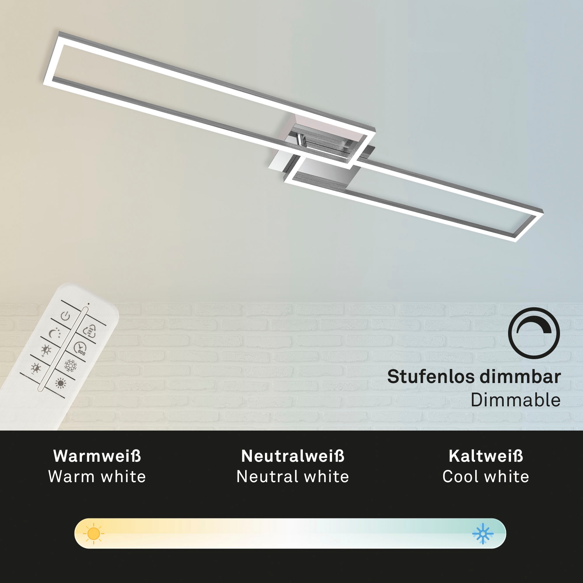 Briloner Leuchten LED Deckenleuchte »3145018 FRAME« LED-Board Kaltweiß | Neutralweiß | Tageslichtweiß | Warmweiß Deckenlampe, 110x24,8x7,8cm, Chrom, 40W, Wohnzimmer, Schlafzimmer