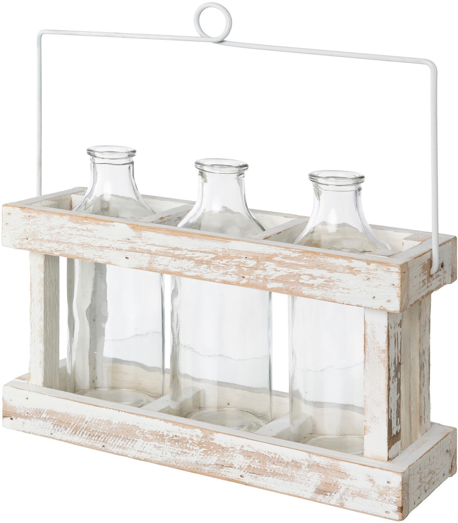 Creativ home Dekovase "Holzbox mit 3 Glasflaschen" mit dekorativem Henkel