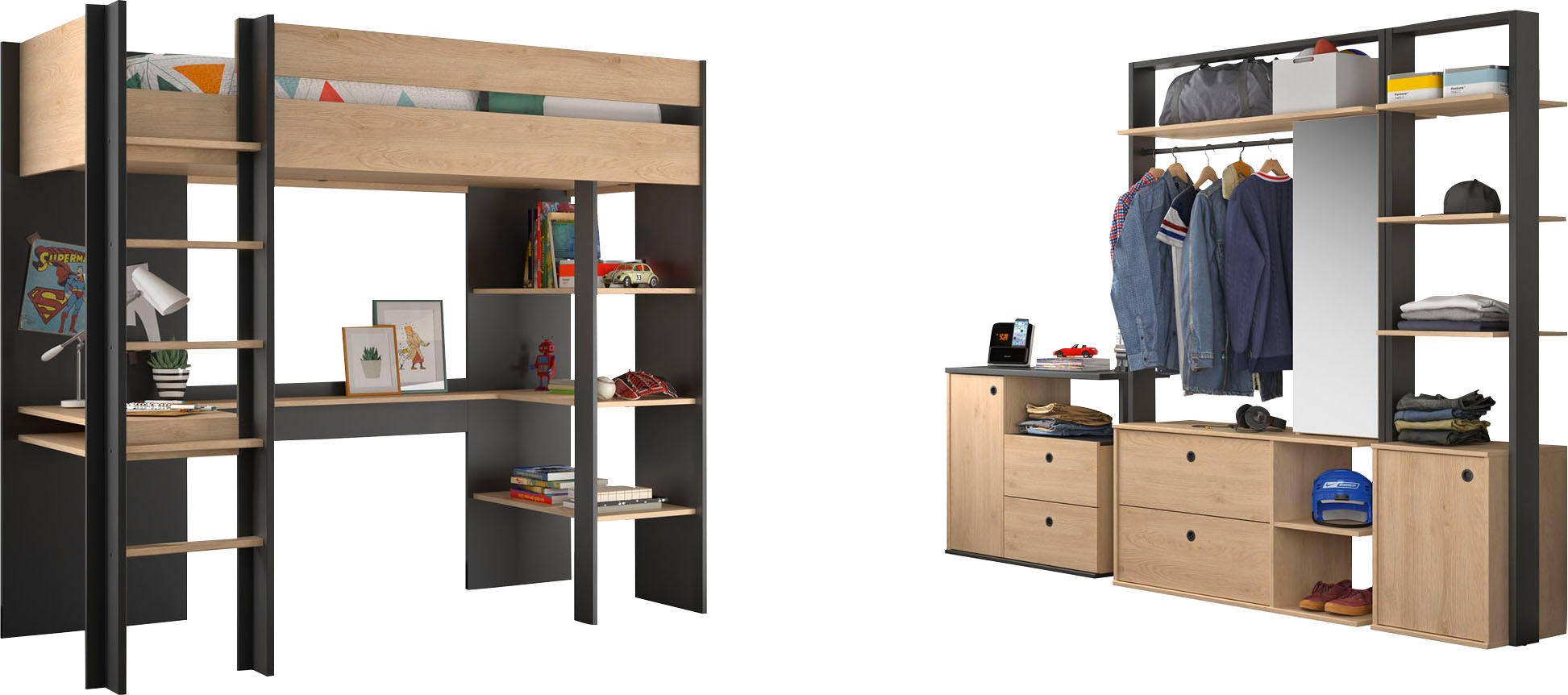 Gami Jugendzimmer-Set »Duplex«, (4 tlg., 2x offenes Schranksystem, Kommode, Hochbett)
