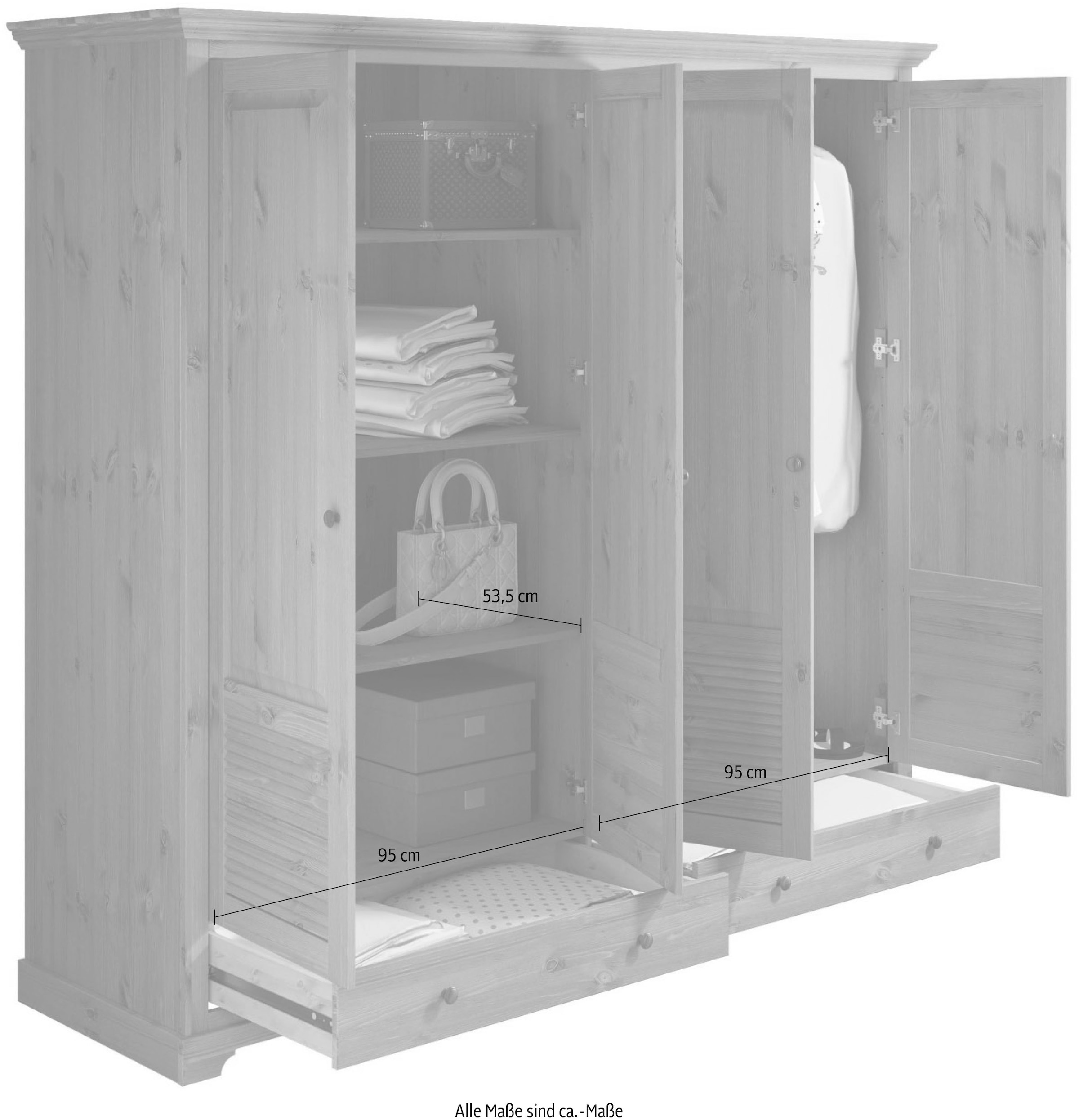 Home affaire Kleiderschrank »Rauna, aus massiver Kiefer, 4-türig, mit Lamellen und Kassetten«, (B/H/T ca. 203/183/61), FSC® zertifiziertes Massivholz (Kiefer), robuste Qualität