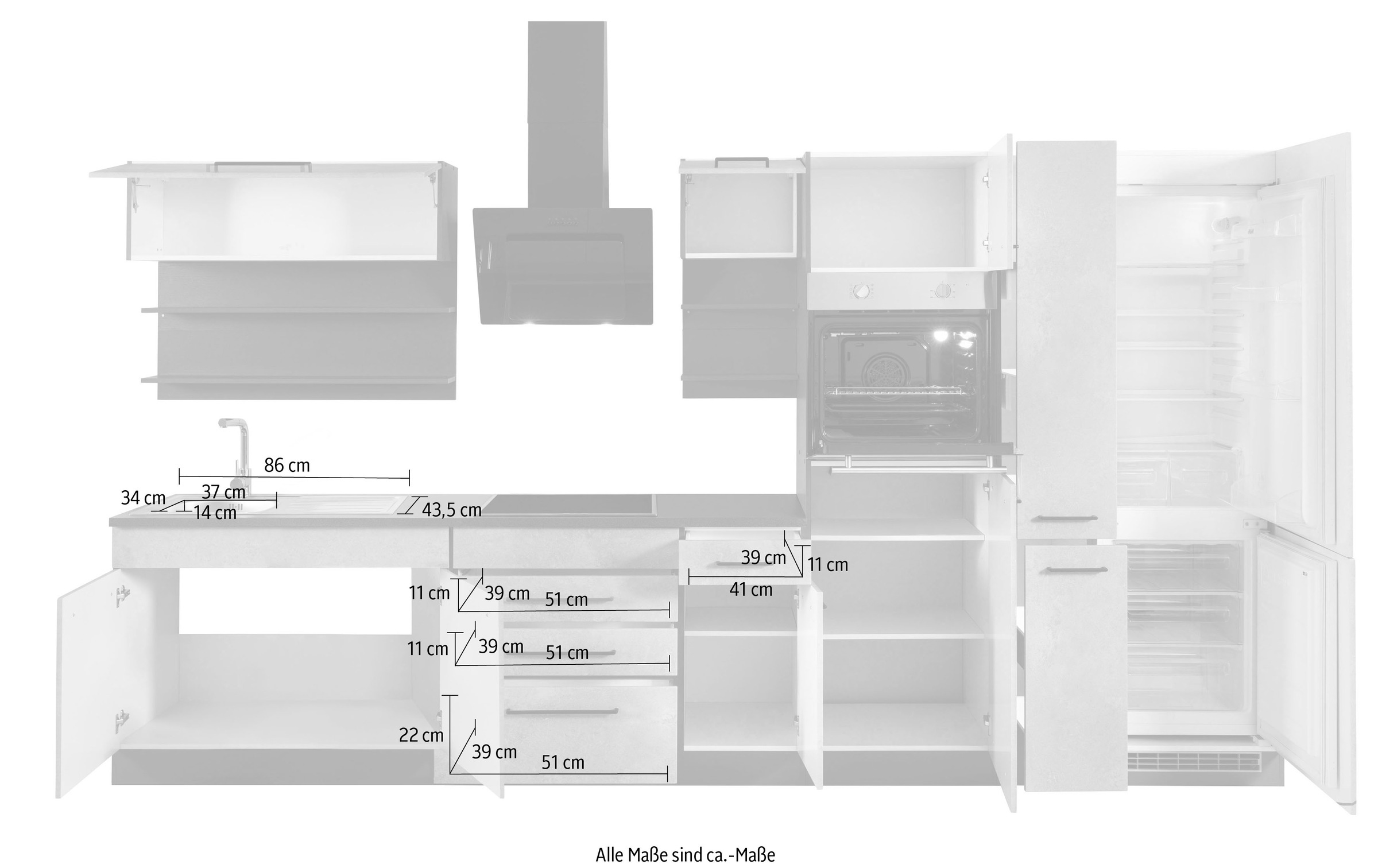 HELD MÖBEL Küchenzeile 360 kaufen cm, schwarze Metallgriffe, MDF Fronten mit E-Geräten, Breite auf »Tulsa«, Raten