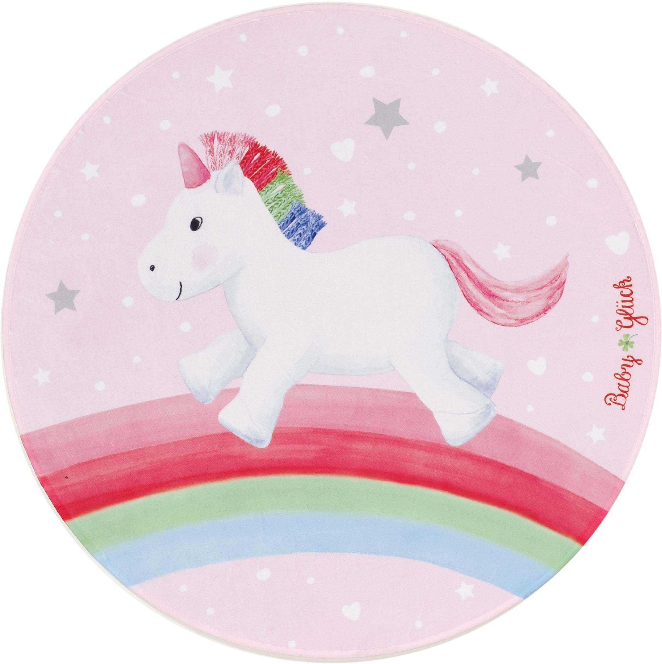Babyglück Kinderteppich »Babyglück 714«, rund, 6 mm Höhe, Stoff Druck, Motiv Einhorn & Regenbogen, weiche Mircofaser