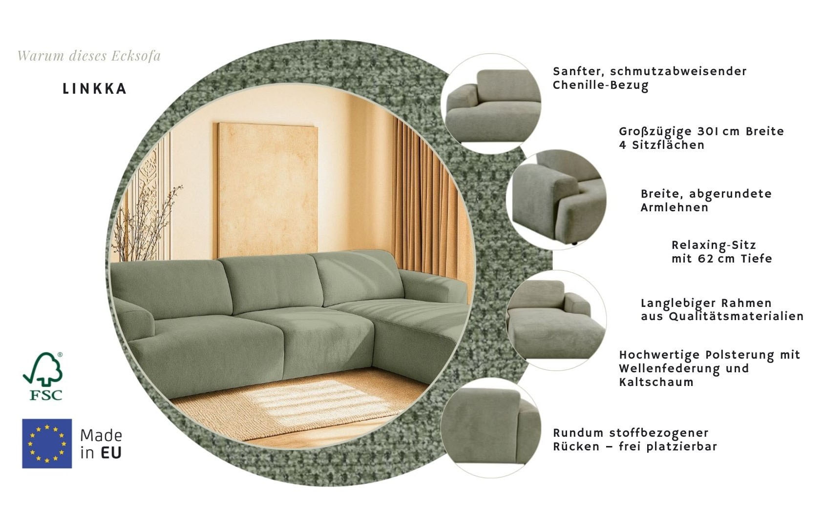 OTTO home Ecksofa »Linkka, Breite 301 cm« L-Form, in einem weichen Chenille-Stoff, mit Wellenunterfederung