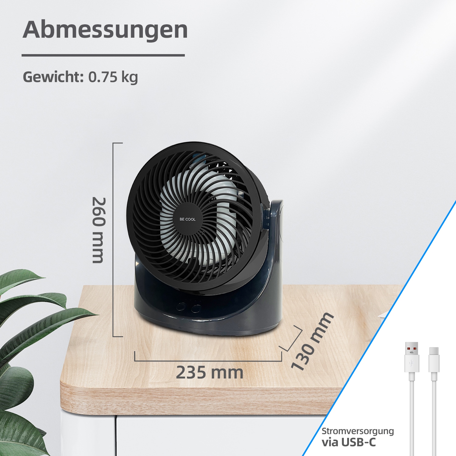 be cool Mini USB-Ventilator »USB-Windmaschine 15cm mit Kühlakku schwarz«, Kupfermotor, Kühlakku im Lieferumfang, 7-farbige LEDs, USB Typ-C
