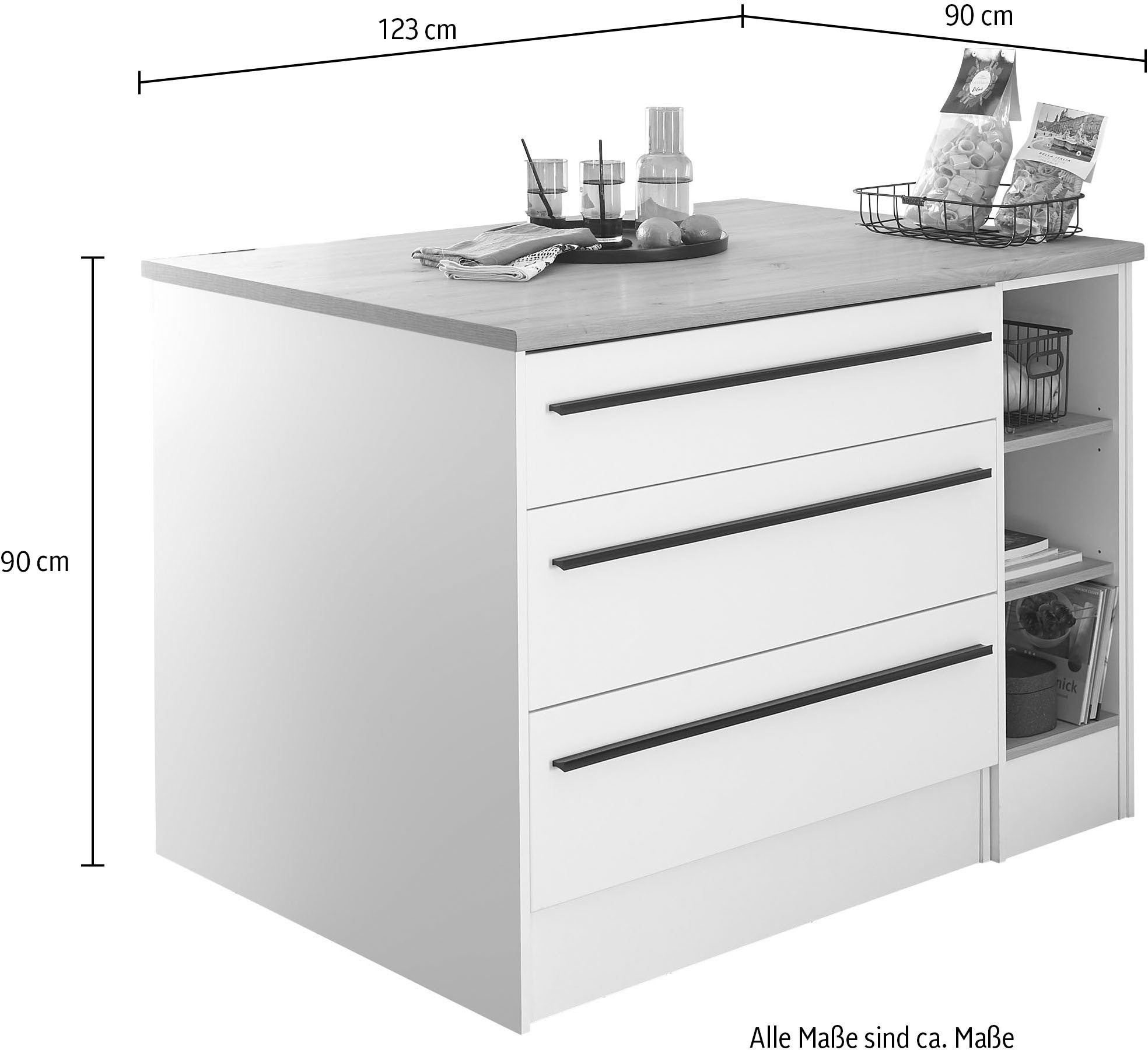 BASIC by Balculina Kücheninsel »Finn«, Breite 123 cm, mit 3 Schubkästen und offenen Fächern