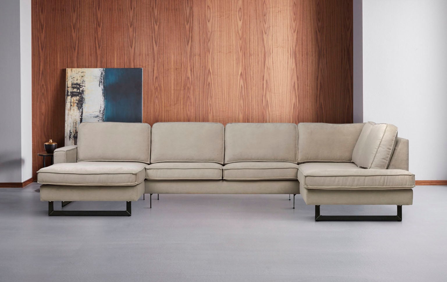 Home affaire Wohnlandschaft »Pinto, 350 cm, U-Form, XXL, mit Ottomanen« Cord, Chenille, Lederoptik, mit Keder, Metallfüße, Wellenunterfederung