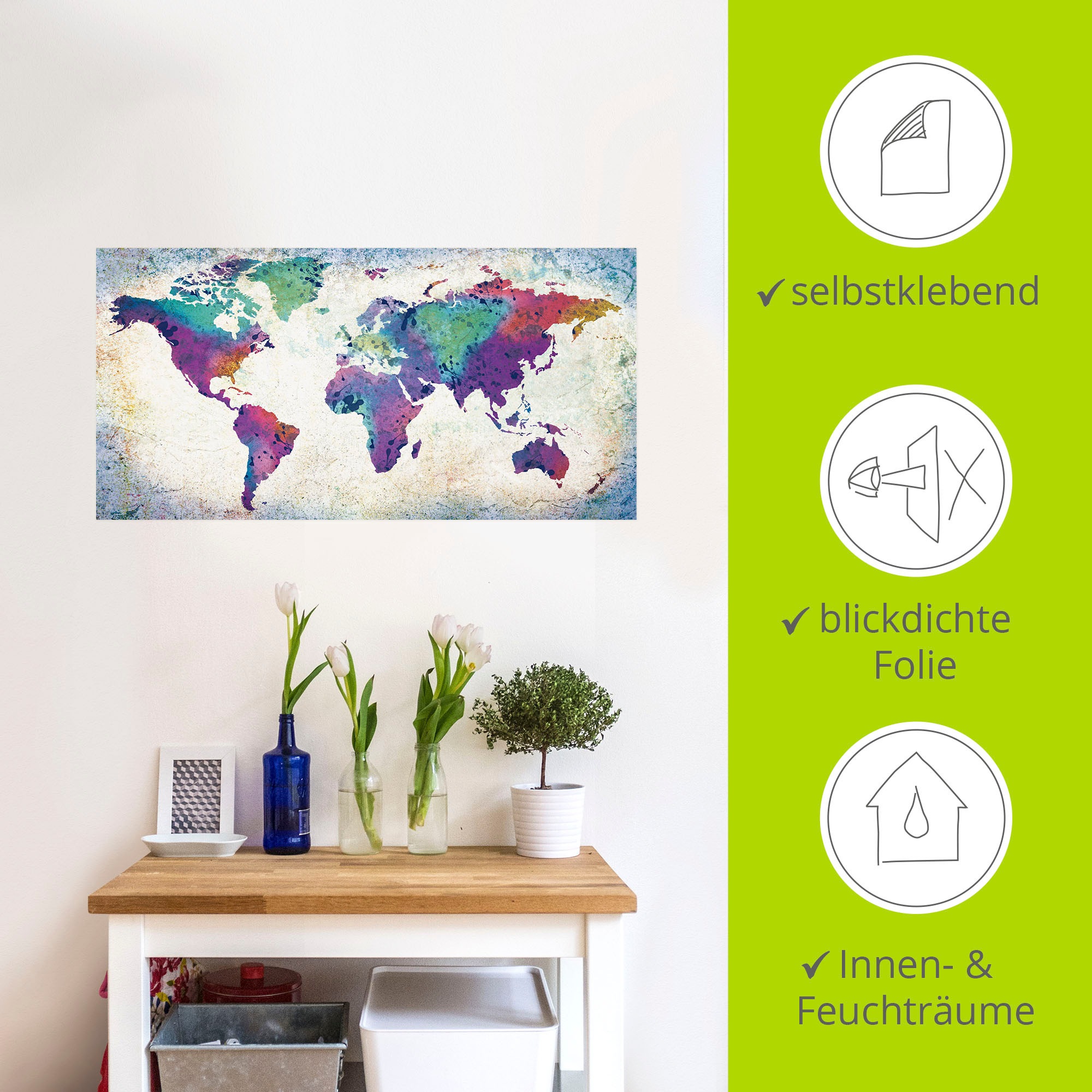 Artland Wandbild »bunte Weltkarte«, Land- & Weltkarten, (1 St.), als Alubild, Outdoorbild, Leinwandbild, Poster, Wandaufkleber