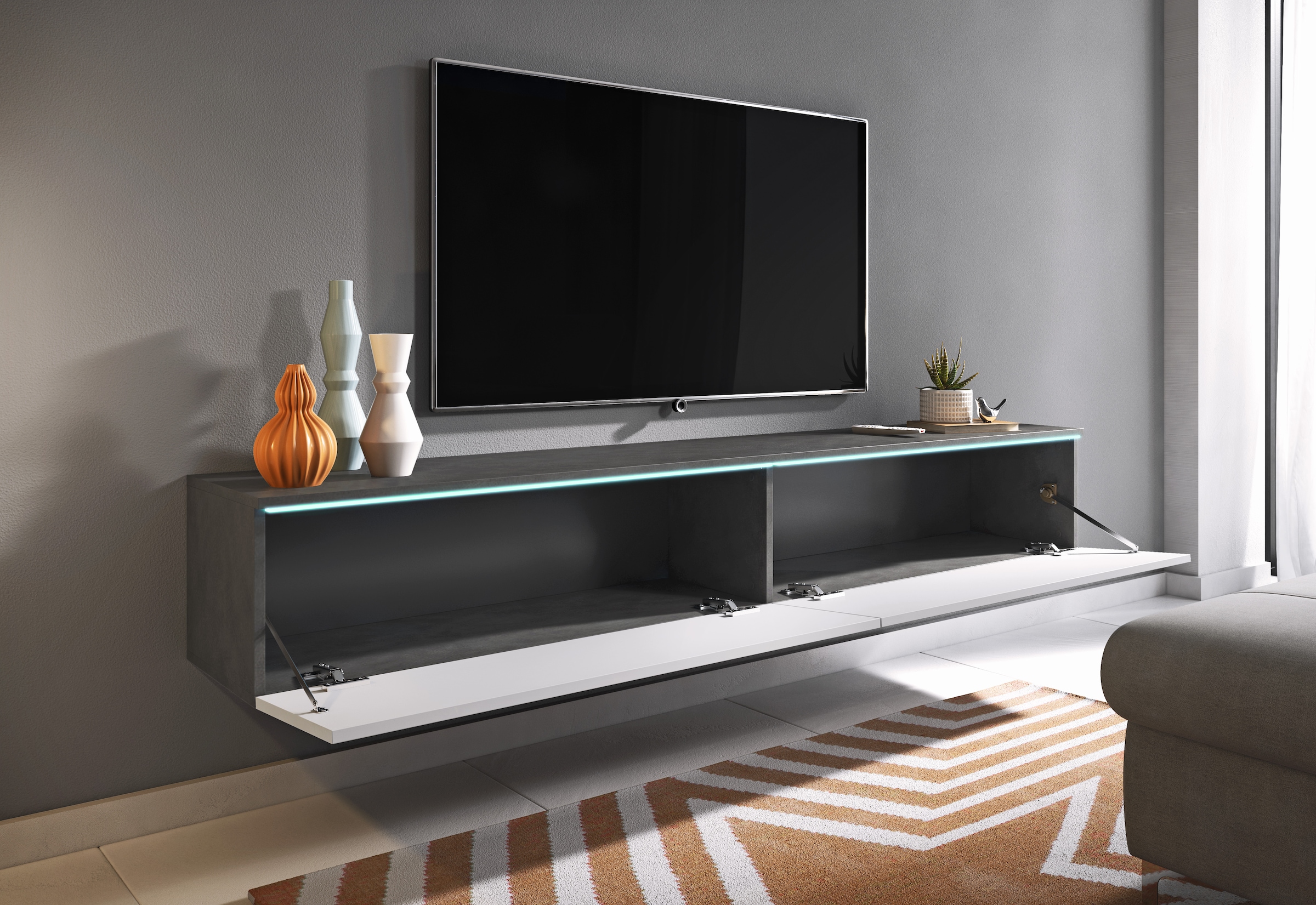 INOSIGN Lowboard »LOWBOARD VERA, wahlweise mit oder ohne Beleuchtung«, Modernes griffloses TV-Board, 180 cm TV-Schrank, stehend und hängend
