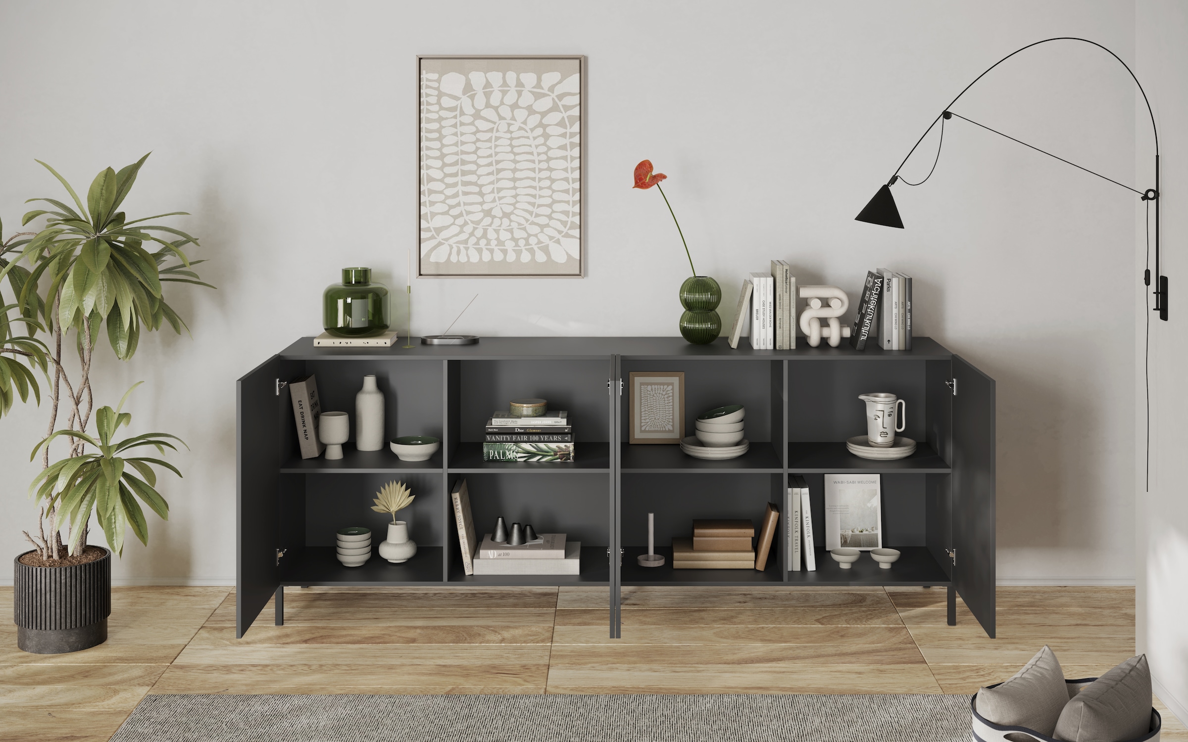 INOSIGN Sideboard »Snake, Kommode, Anrichte, Stauraummöbel Breite 241 cm, Siebdruck-Front«, moderne Wohnmöbel, 4 Türen, viel Stauraum, stilvoll und funktional