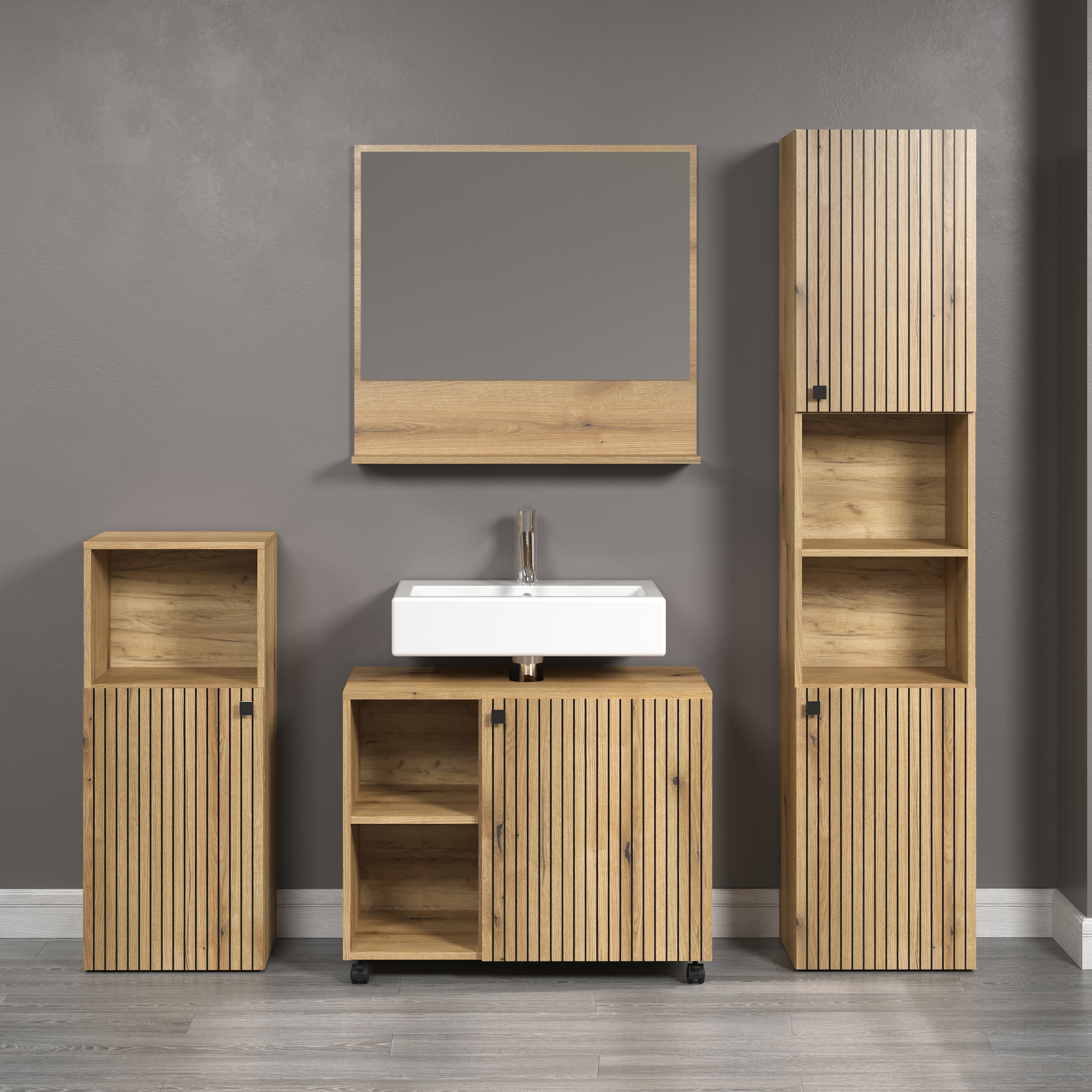 welltime Badmöbel-Set »Amrum Waschbeckenunterschrank Spiegel Hochschrank Badschrank«, (Komplett-Set, 4 St.), 4-teiliges Badmöbel-Set Eiche Rillenoptik - Maße (B/T/H) 180/42/186 cm