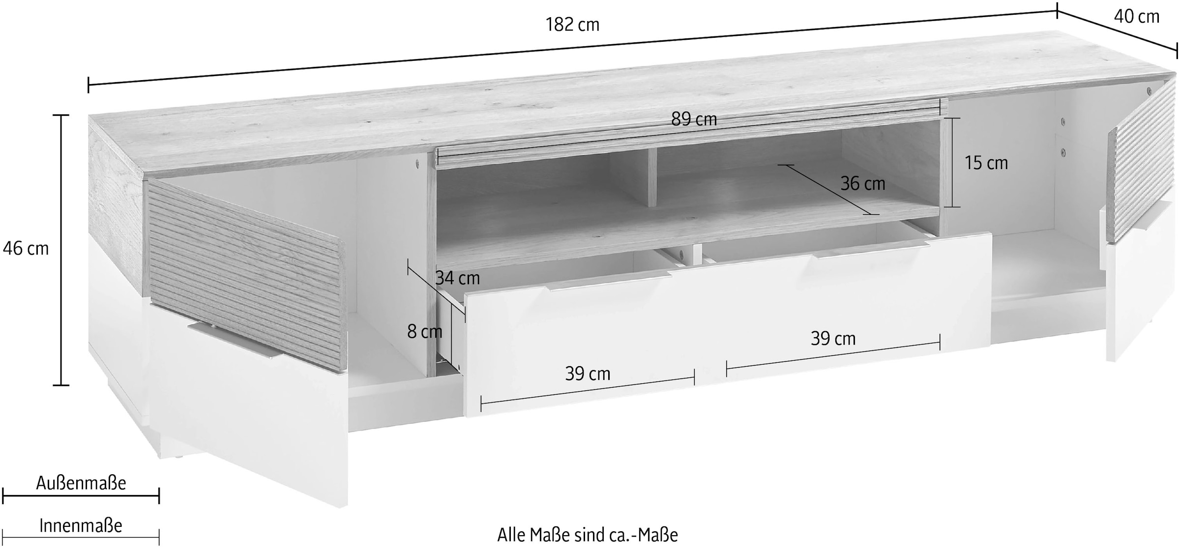 MCA furniture Lowboard »Dubai«, für Tv bis 84 Zoll geeignet, weiß matt mit Absetzung