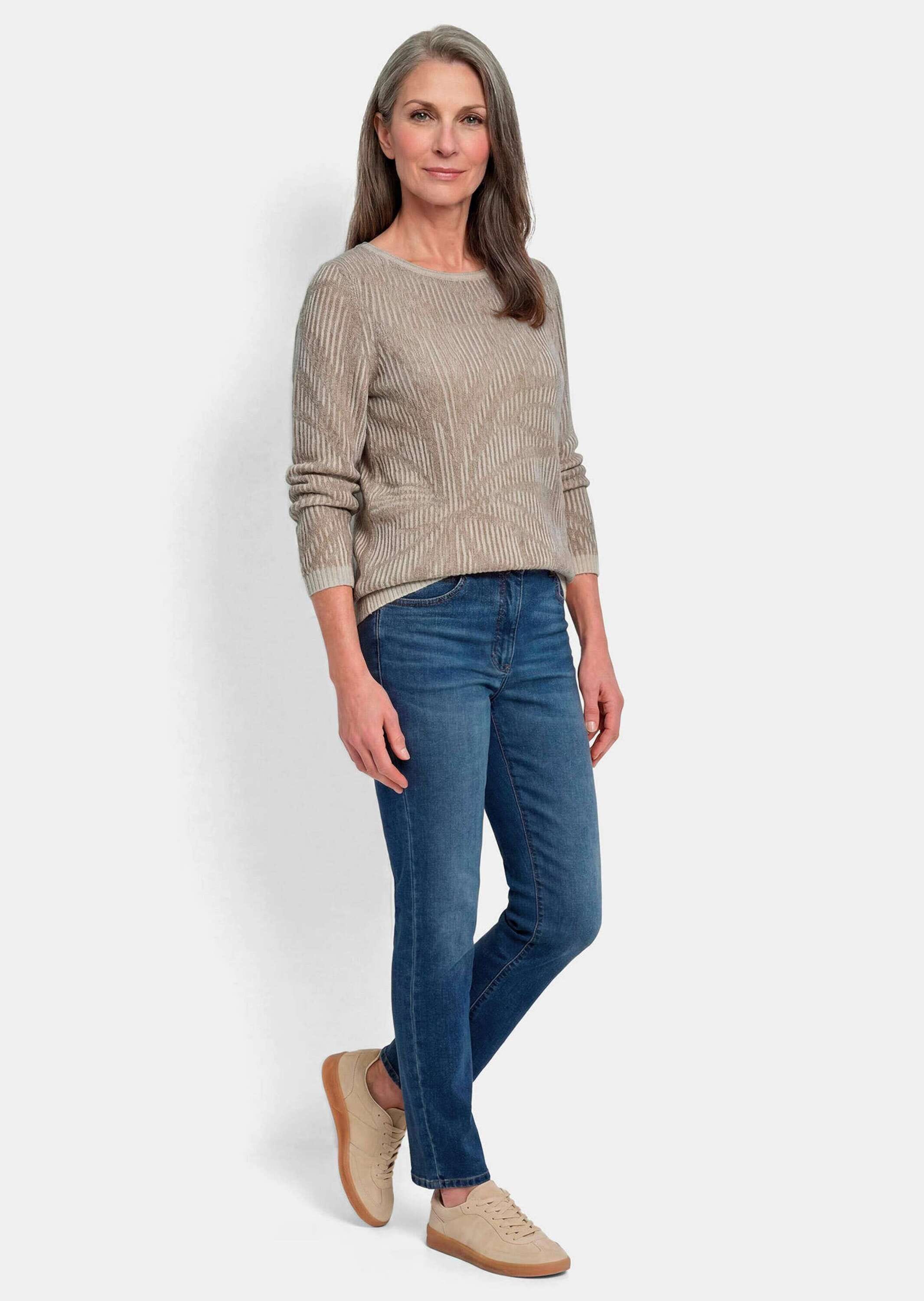 GOLDNER Rundhalspullover »Kurzgröße Strickpullover mit Blumenmuster« Rollbündchen am Ausschnitt