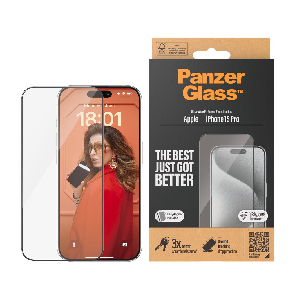 PanzerGlass Displayschutzglas »Screen Protector Glass«, für iPhone 15 Pro, Ultra Wide Fit