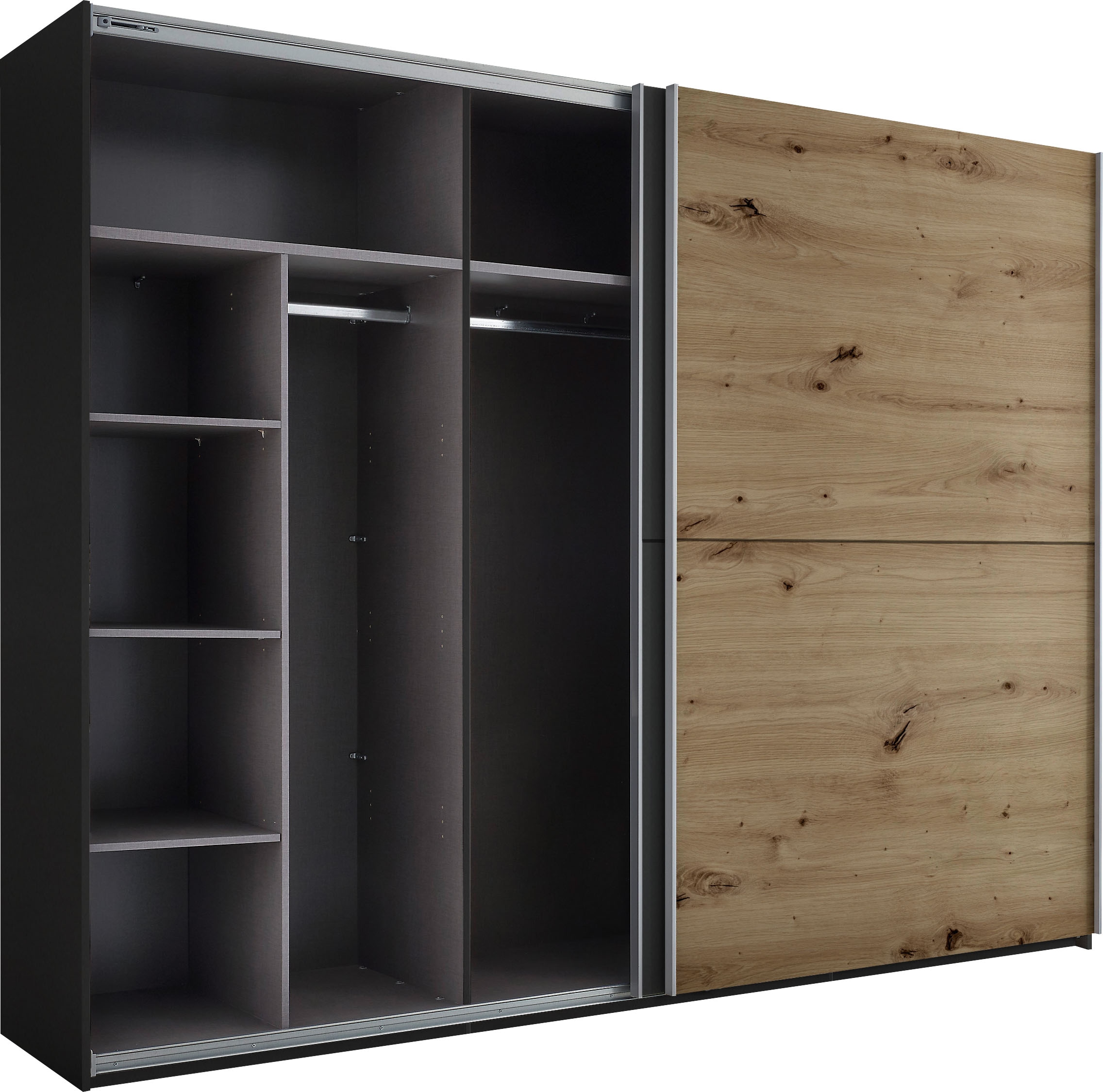 Schlafkontor Schwebetürenschrank »Mesio, 2-türiger Kleiderschrank, Schiebetürenschrank mit viel Stauraum«, inklusive Hoteleinteilungen außen und Einlegeböden oben