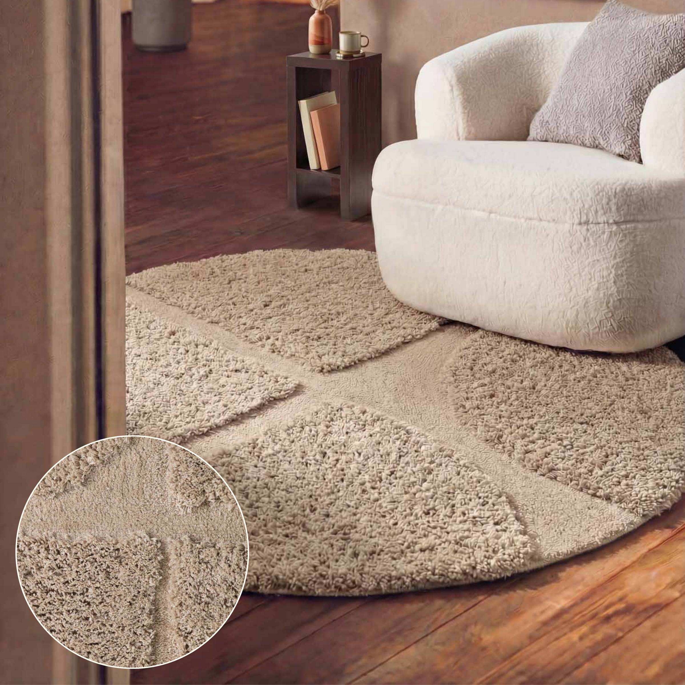 Ted Baker Lambeth High Pile Rug Jasper Geometric Living Room Rug in Beige | Size: 150cm diameter