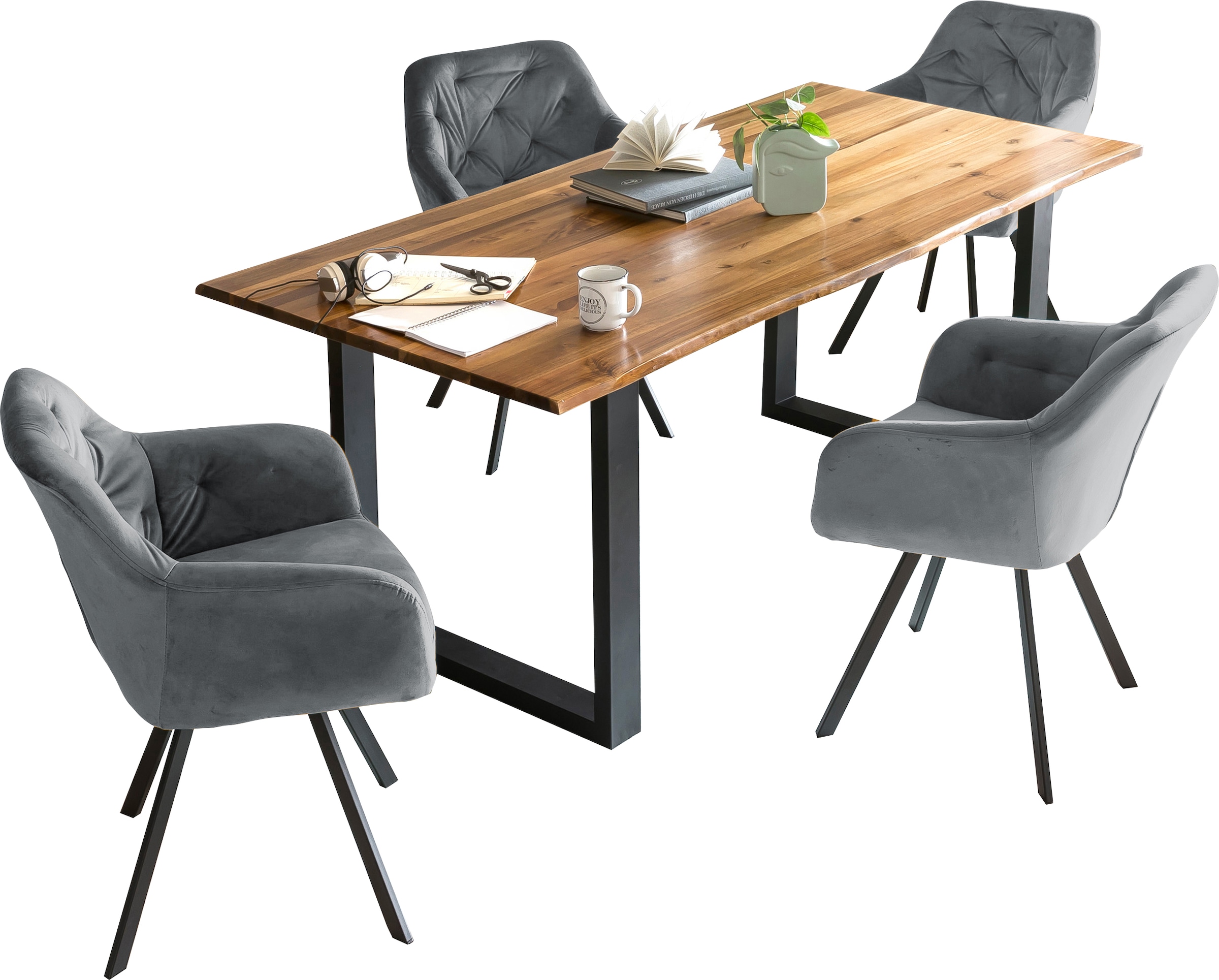 SalesFever Essgruppe, (Set, 5 tlg.), Stühle mit 360° Drehplatte, Tischplatte mit echter Baumkante