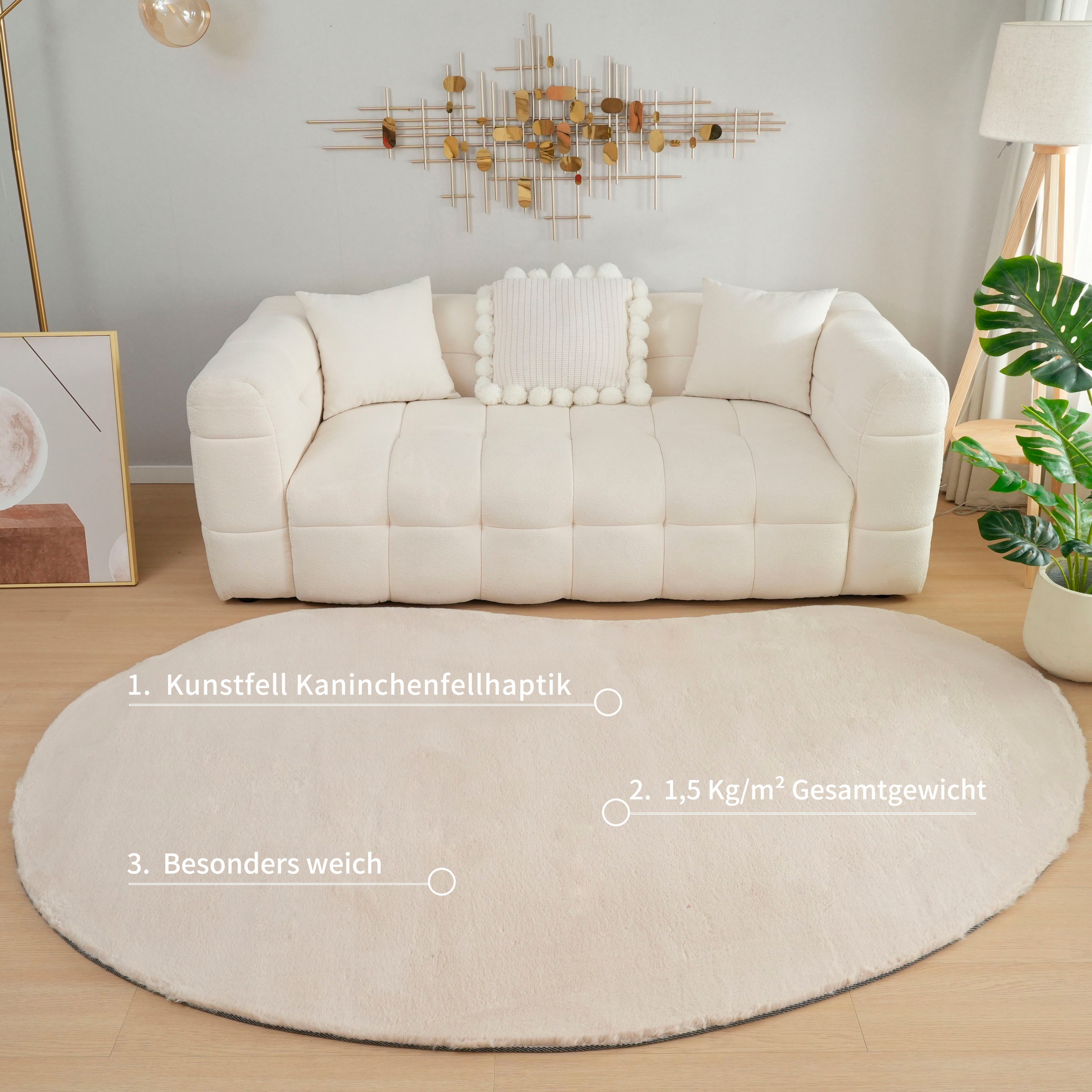 Bruno Banani Hochflor-Teppich »Rabbit 2 Bean, Kunstfell Teppich, Modern, besondere Form«, U-förmig, 25 mm Höhe, Kaninchenfell-Haptik, Microfaser, Wohnzimmer, Schlafzimmer, Esszimmer