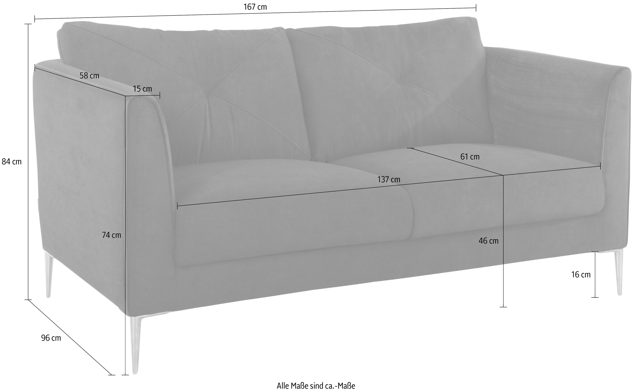 Guido Maria Kretschmer Home&Living 2-Sitzer »Chilltime, elegant und bequem, Komfortsitzhöhe 46cm, hoher Fuß«, mit eleganter Kreuznaht in den Rückenkissen, Breite 167 cm