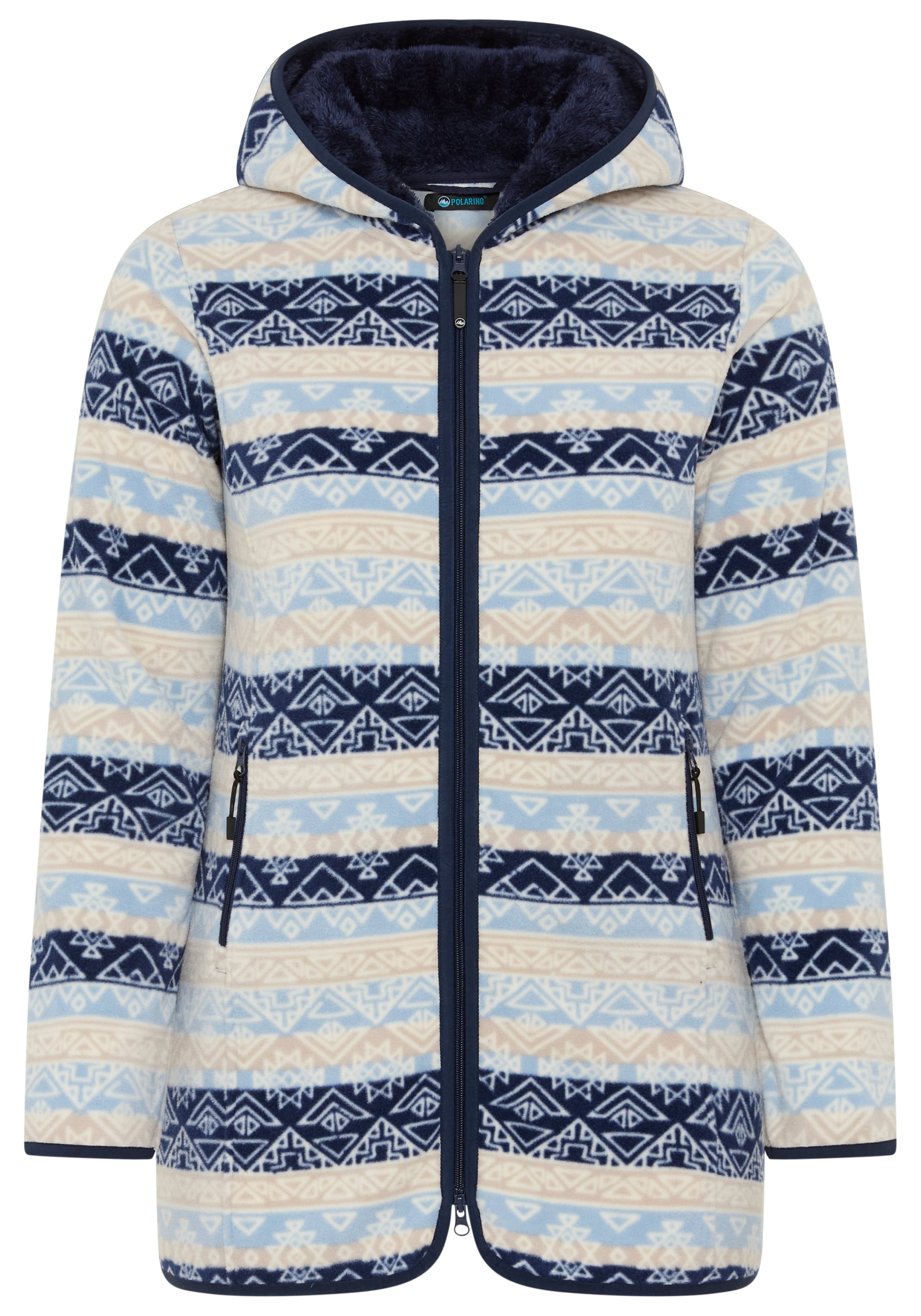 Polarino Fleecejacke, mit Kapuze, Fleecejacke mit Print und Fellimitat in Kapuze
