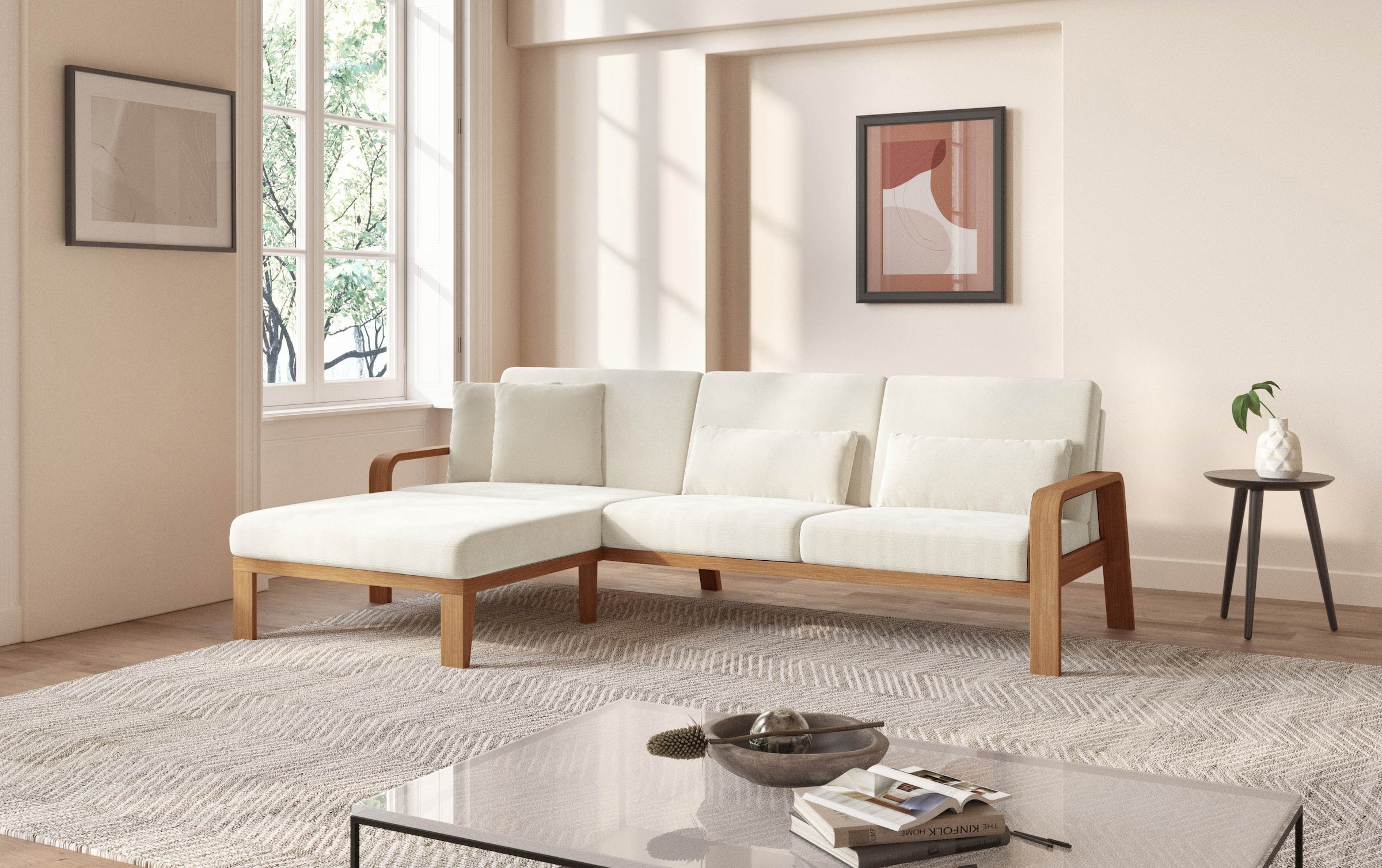 sit&more Ecksofa »Kolding L-Form«, Armlehnen aus eichefarbigem Buchenholz, verschiedene Bezüge und Farben