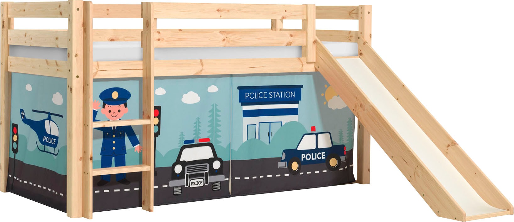 Vipack Spielbett »Pino, Kiefer massiv, mit Rolllattenrost u. Textil-Set, Made in Europe«, (B/H/T ca. 210x114x218cm, mit Absturzschutz, Leiter und Rutsche), verschiedene Textil-Designs und Holzfarben zur Wahl