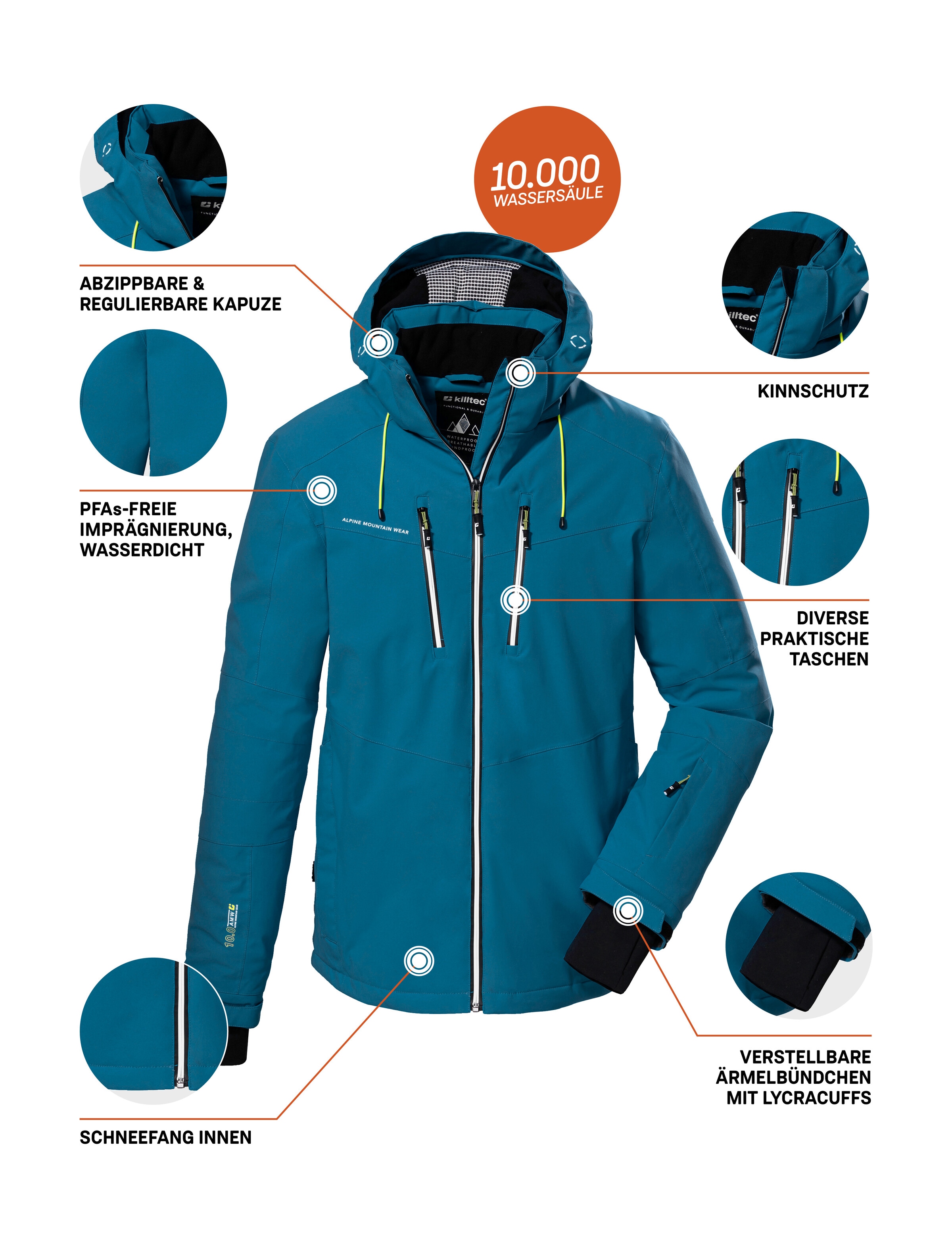 Killtec Skijacke »KSW 44 MN SKI JCKT«, Wasserdichte, atmungsaktive Funktionsjacke mit abnehmbarer Kapuze