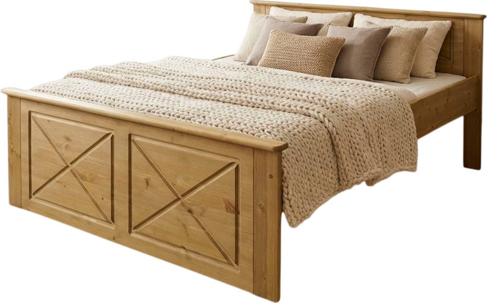 OTTO home Massivholzbett »Hugo, FSC® zertifiziertes Massivholz, optionaler Stauraum/ Bettkästen« B/T/H: 153/208/84 cm, Liegefläche  140x200,  aus massiver Kiefer, Landhaustil mit edlen Verzierungen, Made in EU