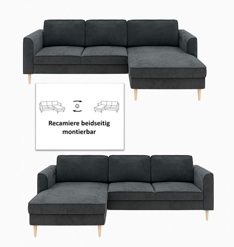 Home affaire Ecksofa »Booster, whlw. mit Schlaffunktion & Bettkasten, Fuß Buche lackiert« Recamiere beidseitig montierbar, Sofa in L-Form, 232 cm