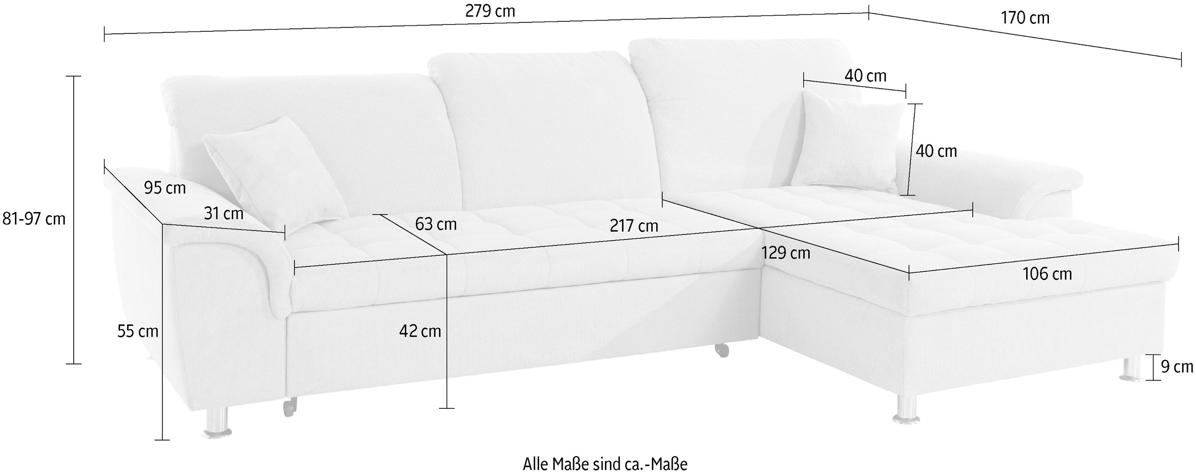 DOMO collection Ecksofa »Franzi L-Form«, wahlweise mit Kopfteilverstellung (dann Tiefe: 170 cm)
