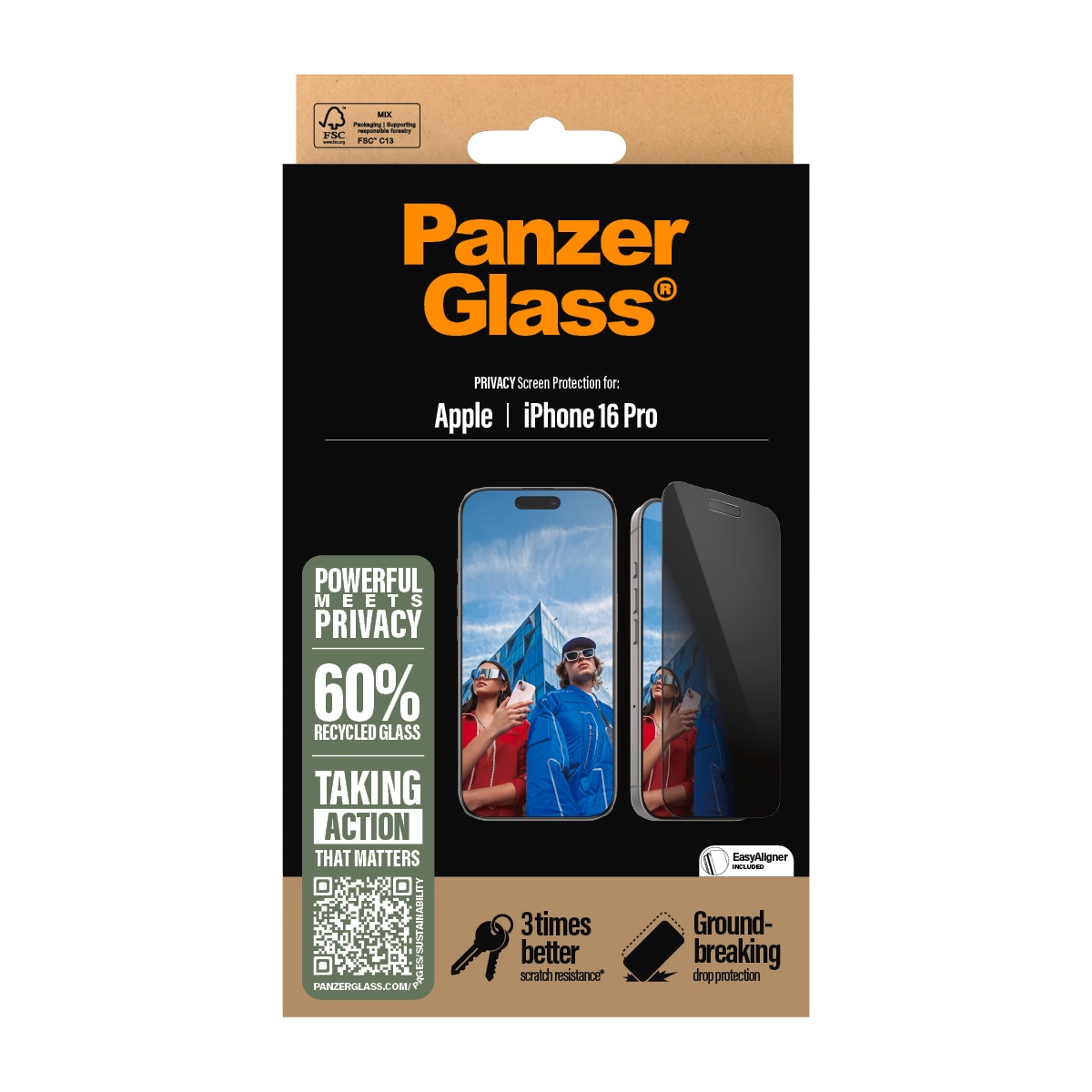 PanzerGlass Displayschutzglas »Privacy Screen Protection«, für Apple iPhone 16 Pro, Displayschutzfolie, Schutzfolie, Bildschirmschutz, kratz- & stoßfest