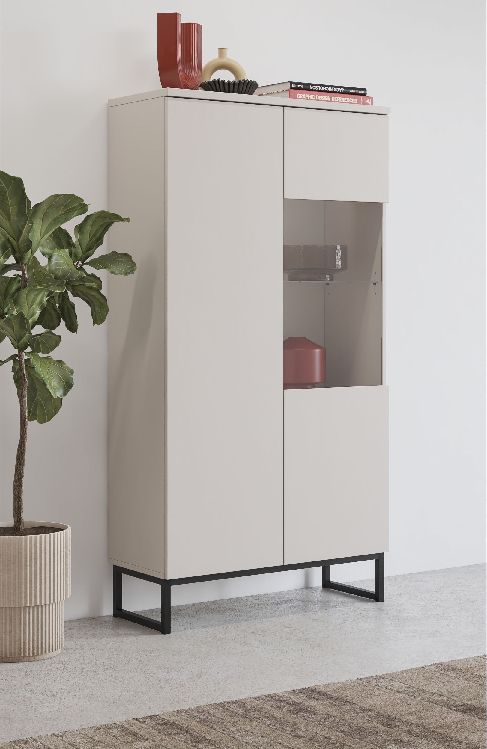 OTTO home, Vitrine »Modo II, Breite 80 cm, moderner griffloser Vitrineschrank« Vitrine viel Stauraum, Einlegeböden verstellbar, Glastür, Metallkufen, 