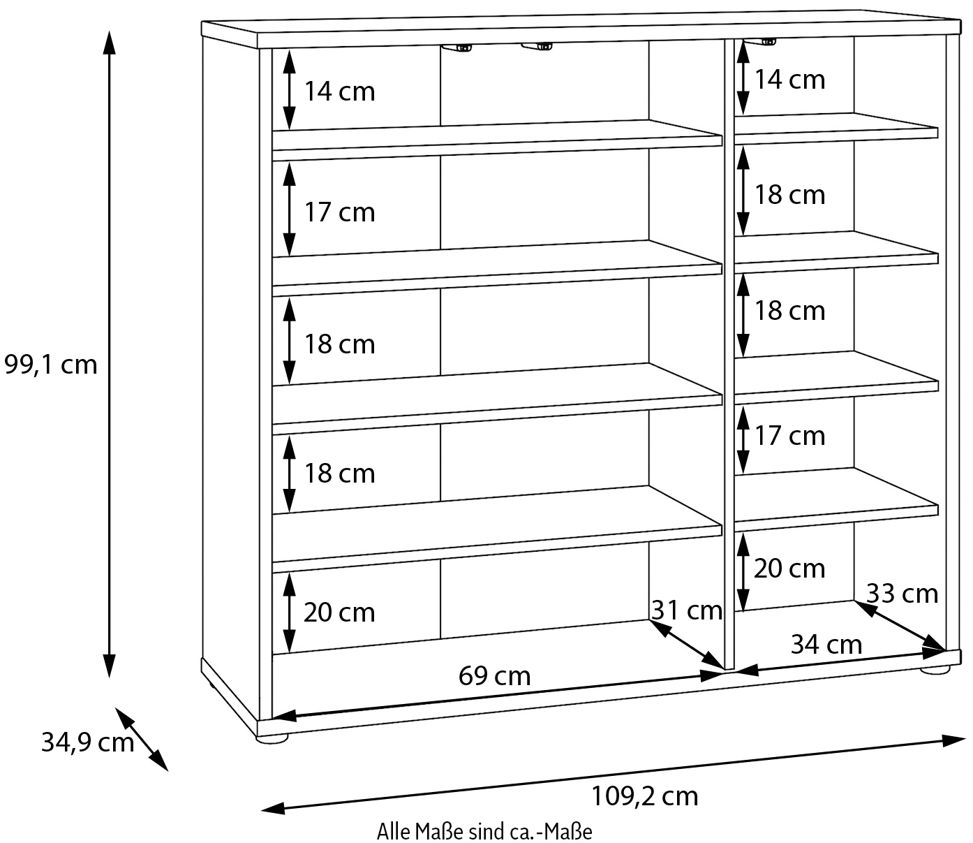 FORTE Schuhschrank »Alice Springs, Schuhschrank, Platz für 20 Paar Schuhe, 3 Türen« B/H/T 109,2/99,1/34,9 cm,  Stauraumschrank, Mehrzweckschrank, grifflose Front, Push to open