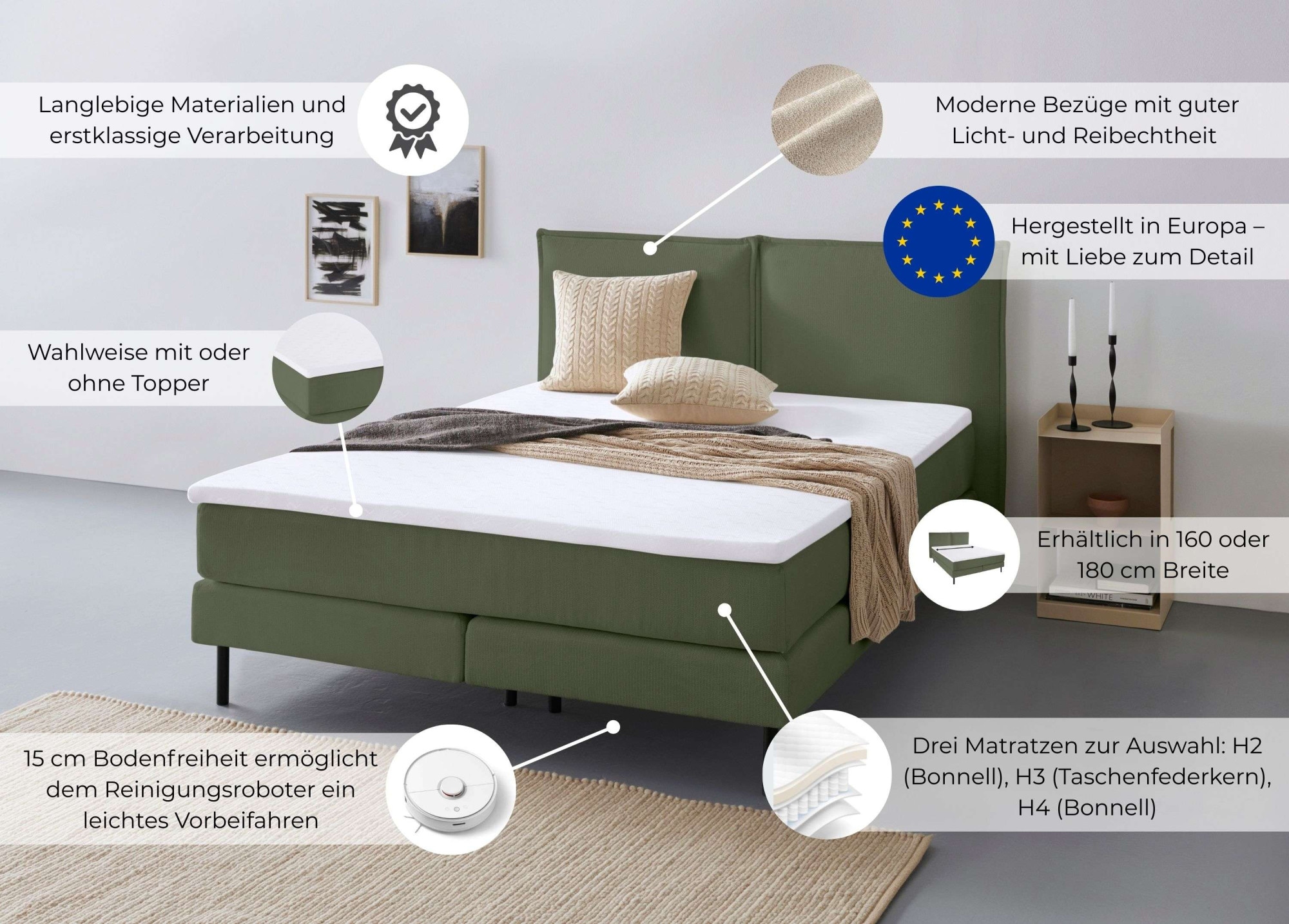 LeGer Home by Lena Gercke Bett »ERIK Boxbett mit Bonnell-/Taschen-Federkernmatratze, Breite 160/180cm« wahlweise Härtegrad der Matratze H2/H3/H4, Polsterbett mit/ohne Topper