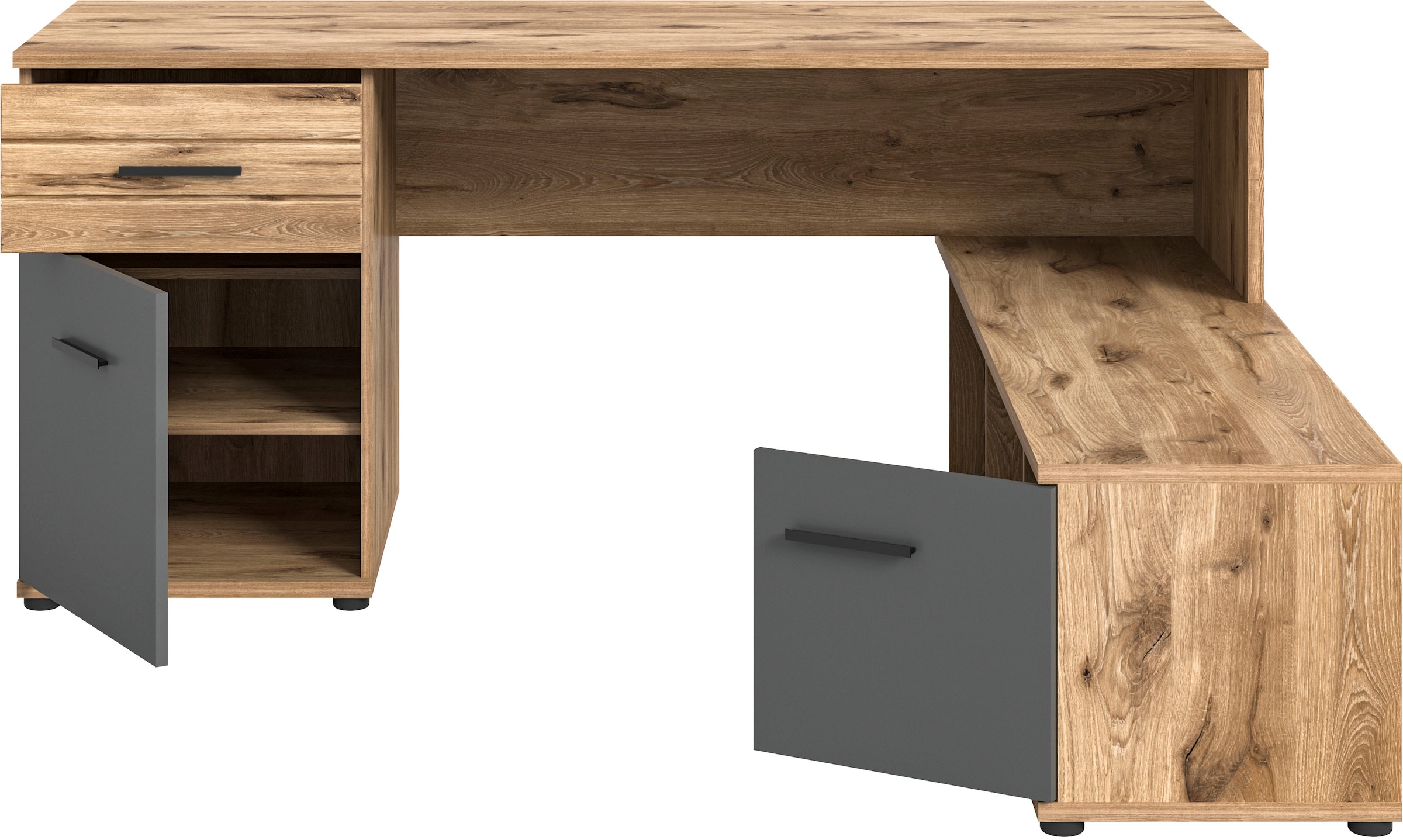 INOSIGN Eckschreibtisch »Riga, Breite 170cm, in Nox Oak Nachbildung und Basalt grau«, Bürotisch, Schreibtisch, Ecktisch, Arbeitszimmer, Computertisch